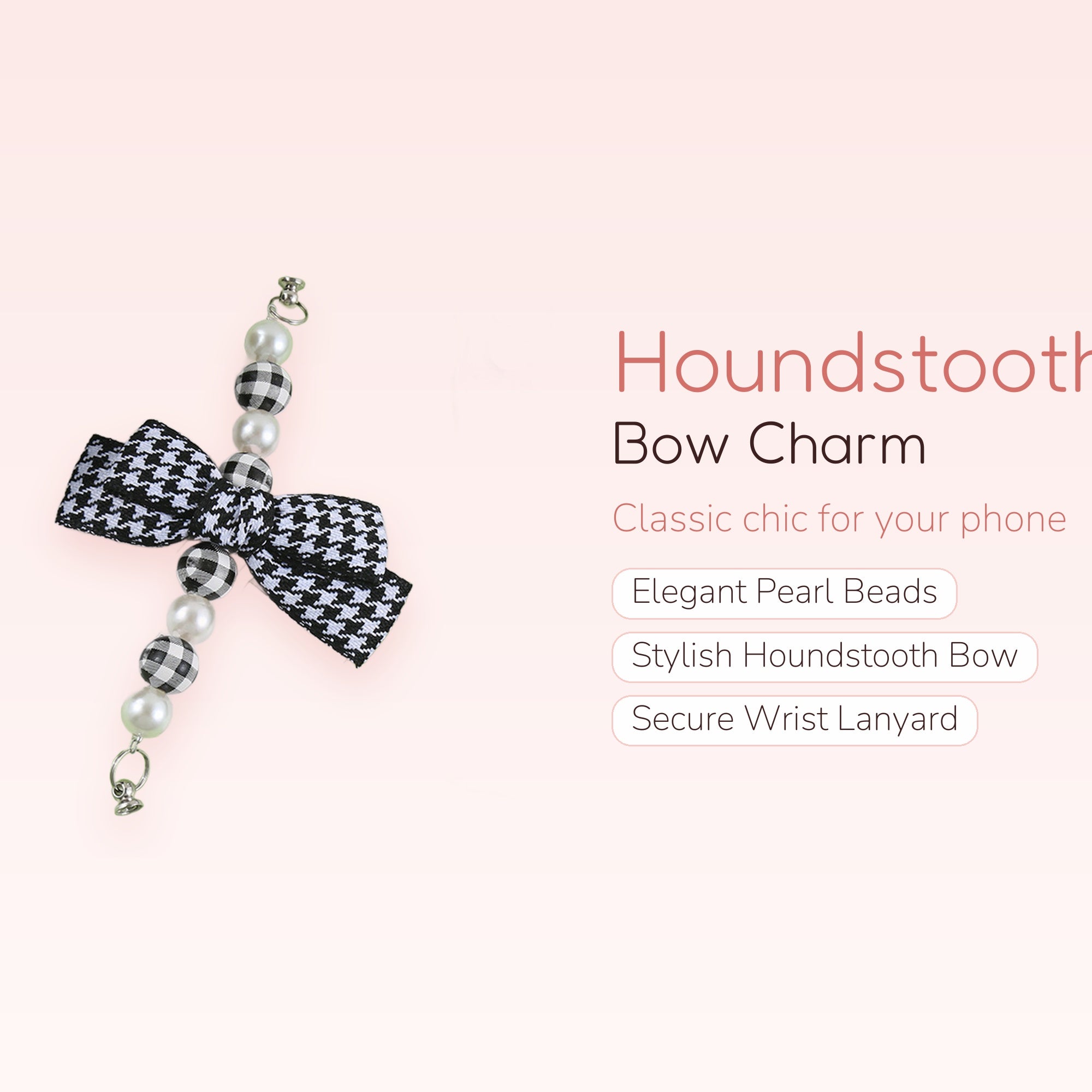 Houndstooth Bow Pearl Phone Charm Strap | Chic Wrist Lanyard
