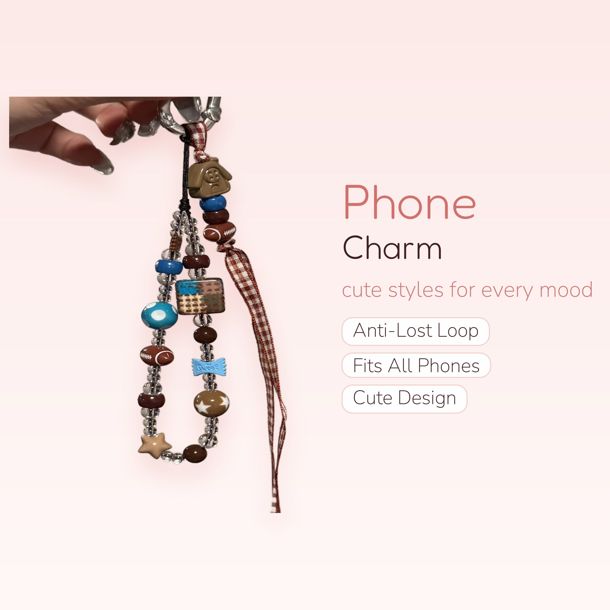 Aesthetic Brown & Blue Beaded Phone Charm | Cute Football & Sweet Candy Wrist Strap