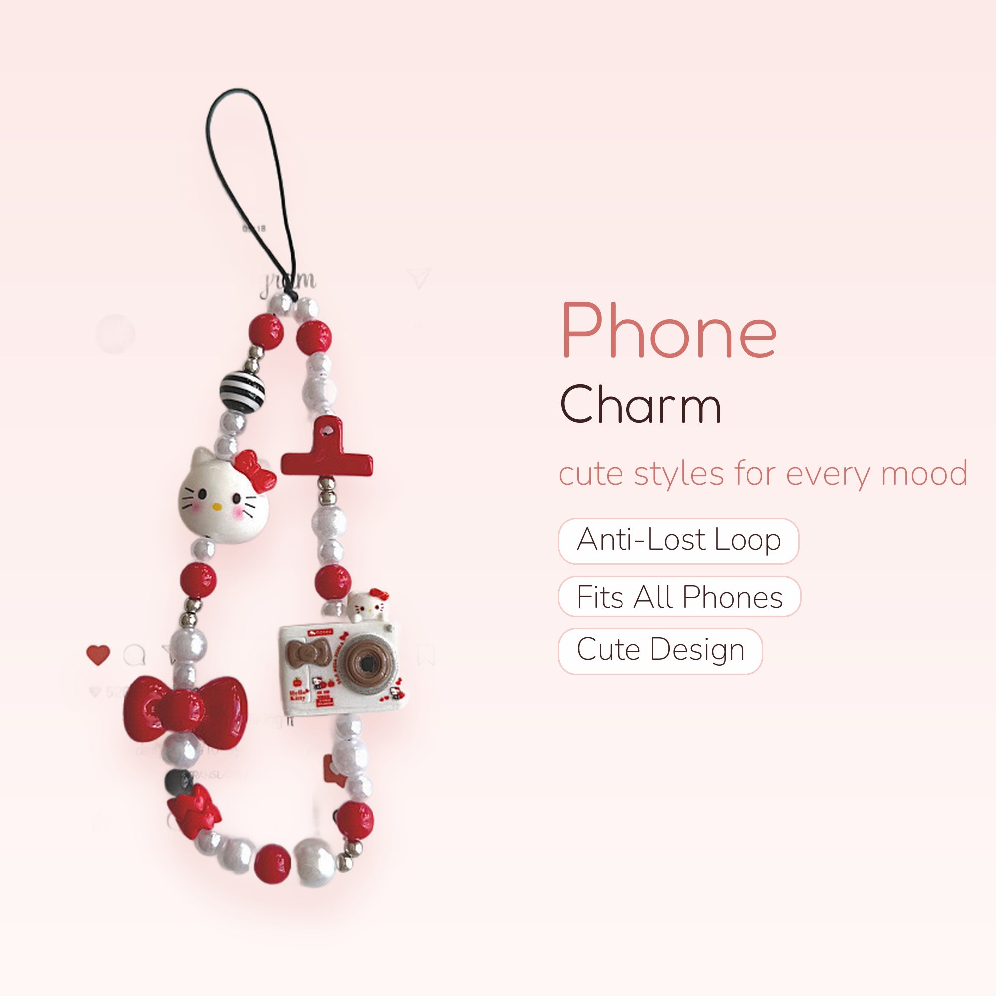 Kawaii Hello Kitty & Camera Phone Charm | Red & White Beaded Wrist Strap