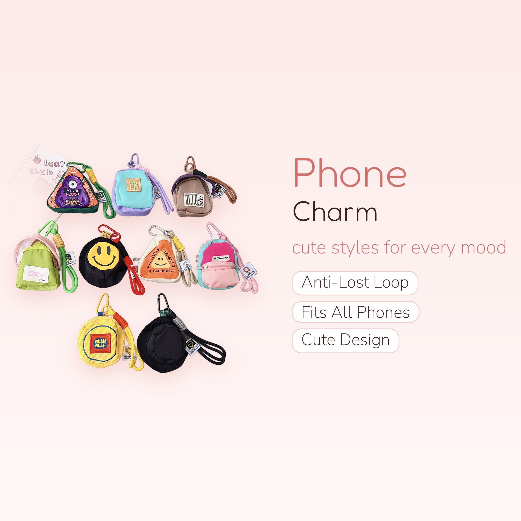 Cute Mini Bag Phone Charms | Kawaii Backpack & Bucket Hat Keychains