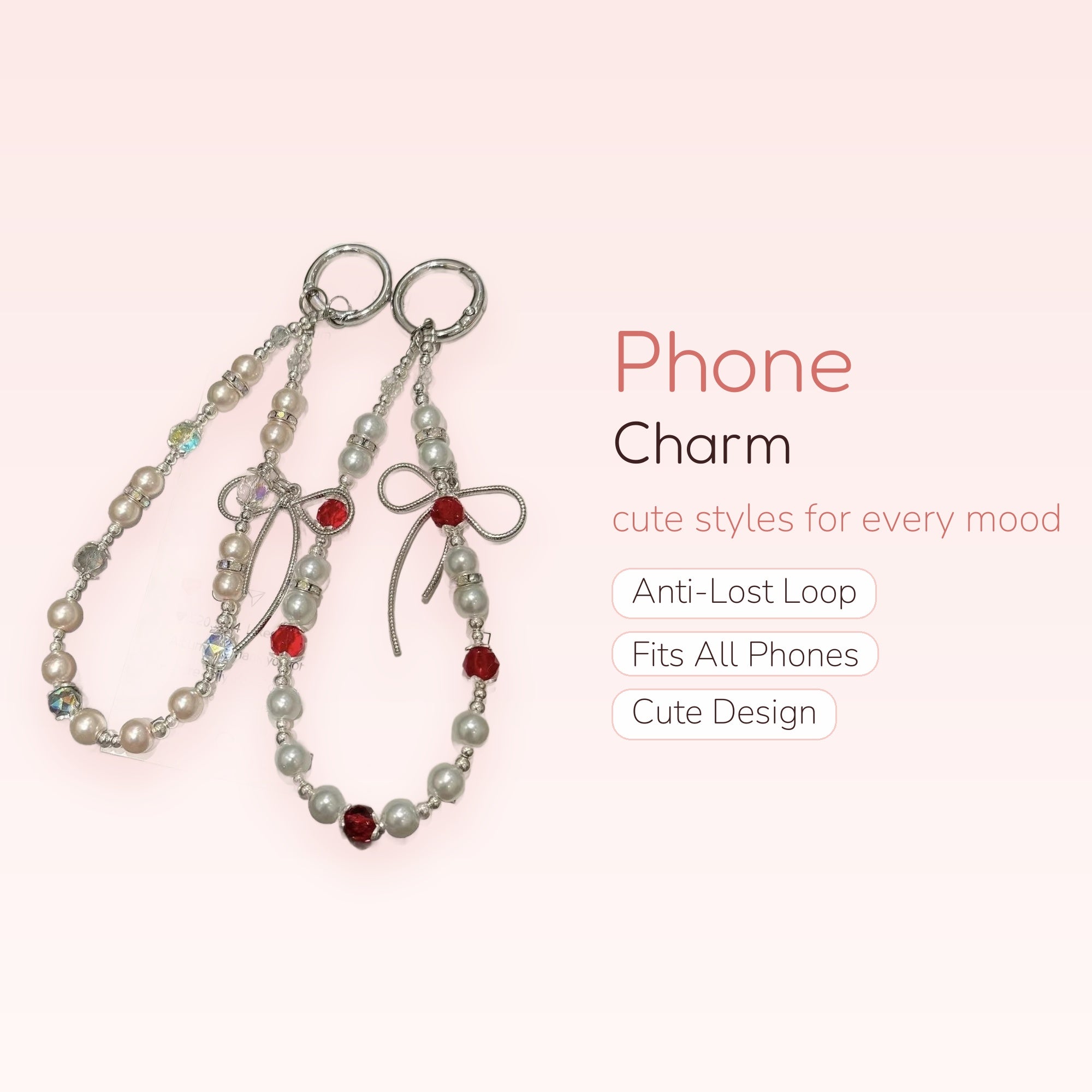 Cute Pearl & Crystal Phone Charm Strap | Aesthetic Beaded Wrist Lanyard with Bows