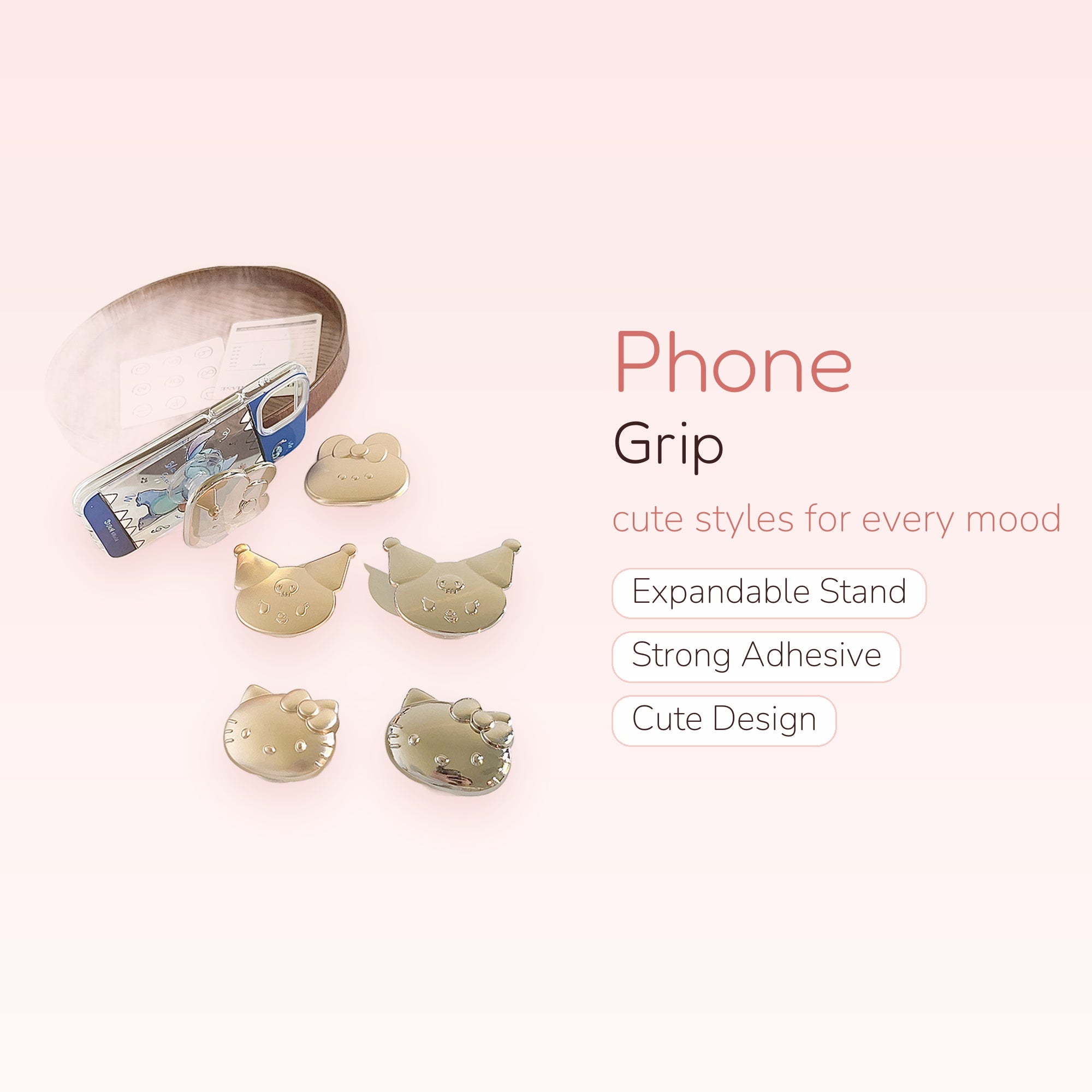 Shiny Gold Sanrio Character Phone Grip | Cute Pop Socket Stand