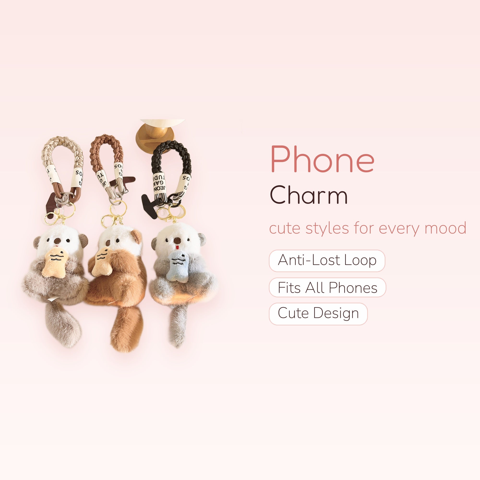 Cute Fluffy Otter Phone Charm Strap | Kawaii Plush Animal Keychain Lanyard
