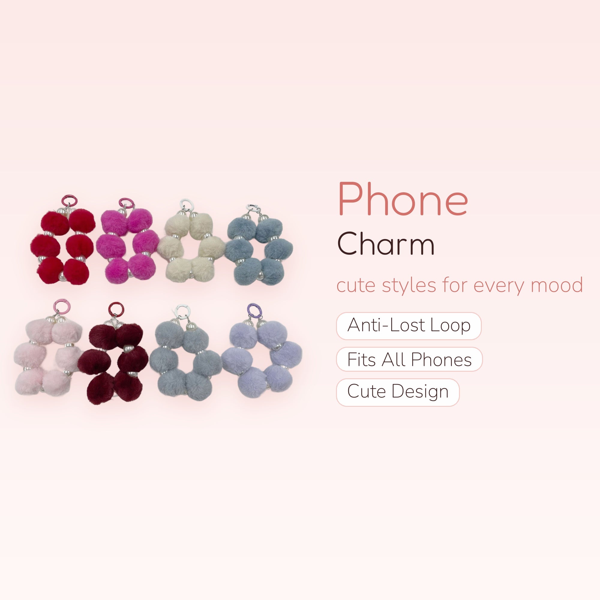 Kawaii Fluffy Pom Pom Phone Charm | Pearl Beaded Wrist Lanyard