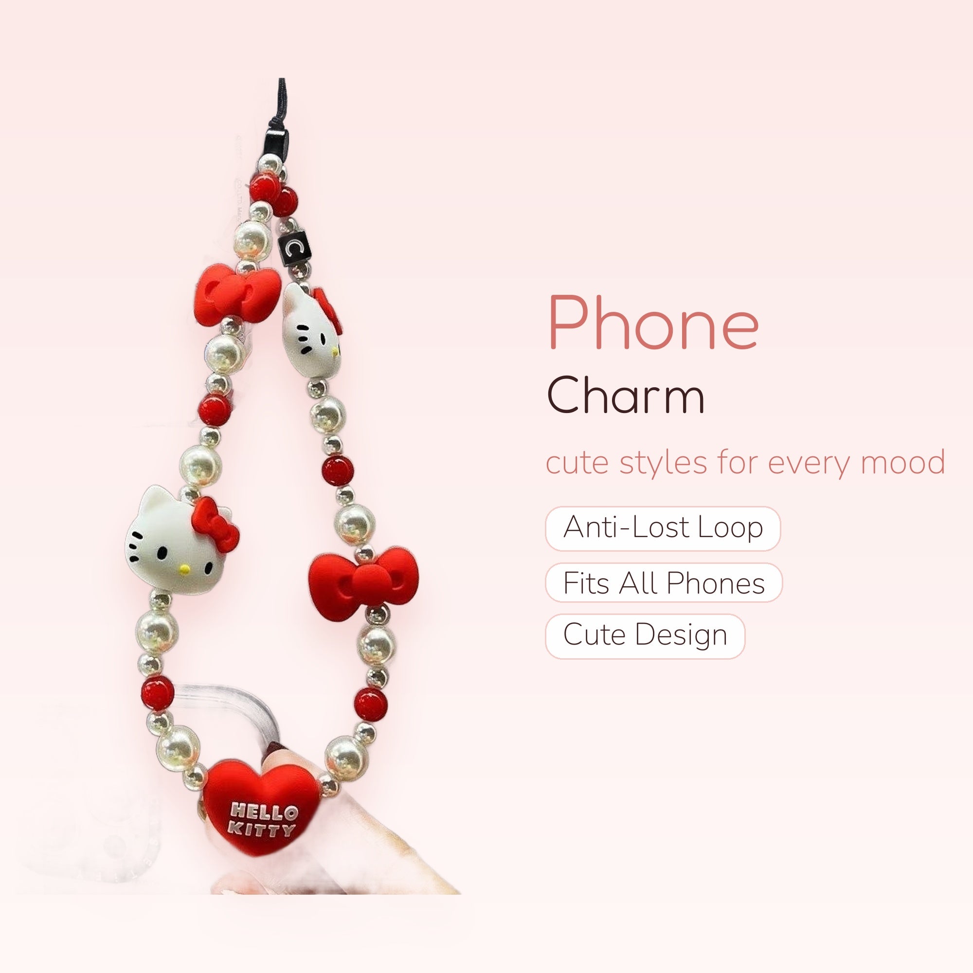 Kawaii Hello Kitty Pearl & Red Bead Phone Charm | Cute Bow & Heart Wrist Strap