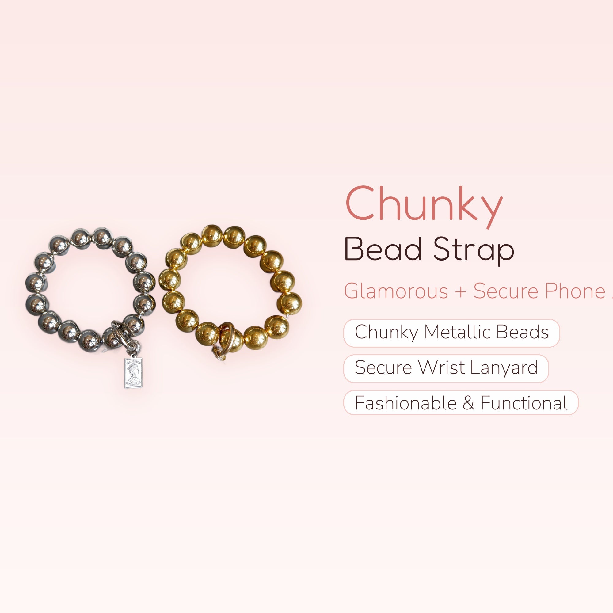 Chunky Bead Phone Charm Strap | Gold & Silver Wrist Lanyard