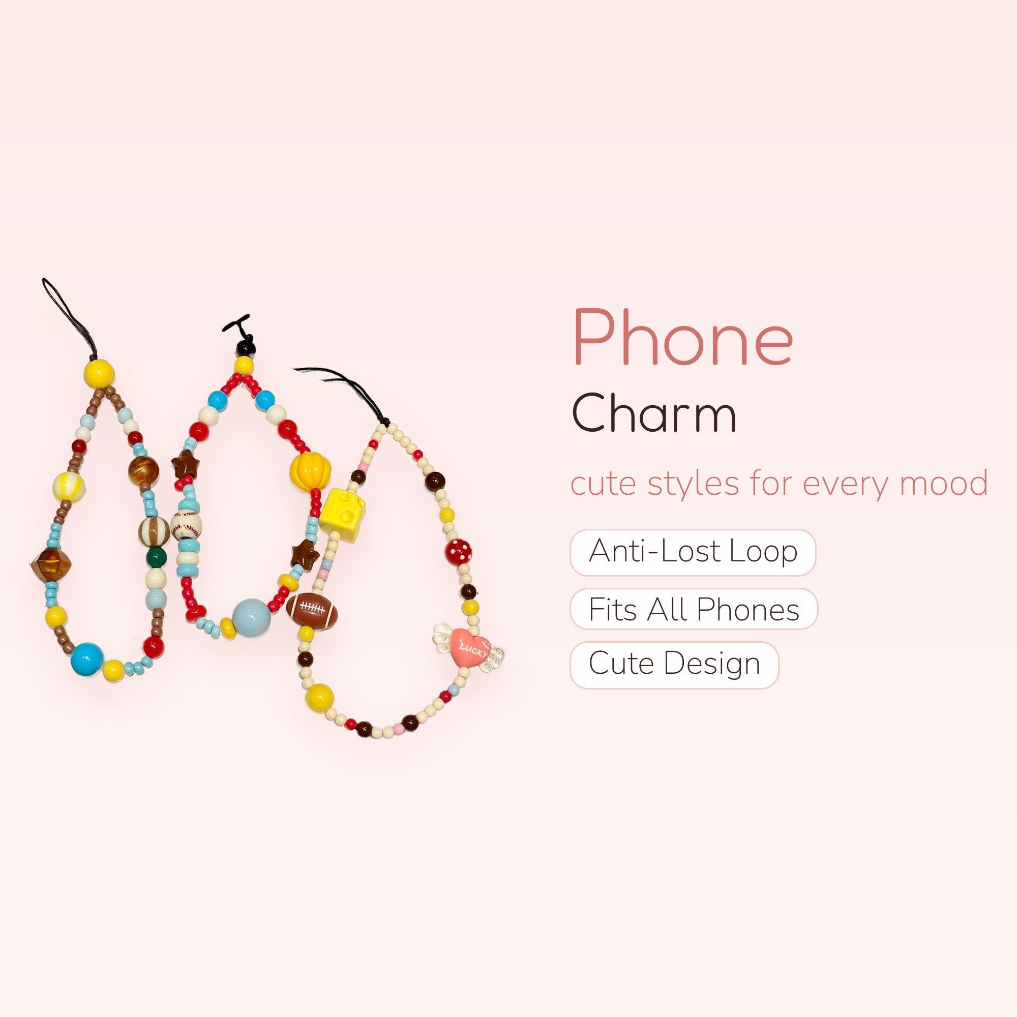 Kawaii Beaded Phone Charm Strap | Aesthetic Y2K Wrist Lanyard with Fun Charms