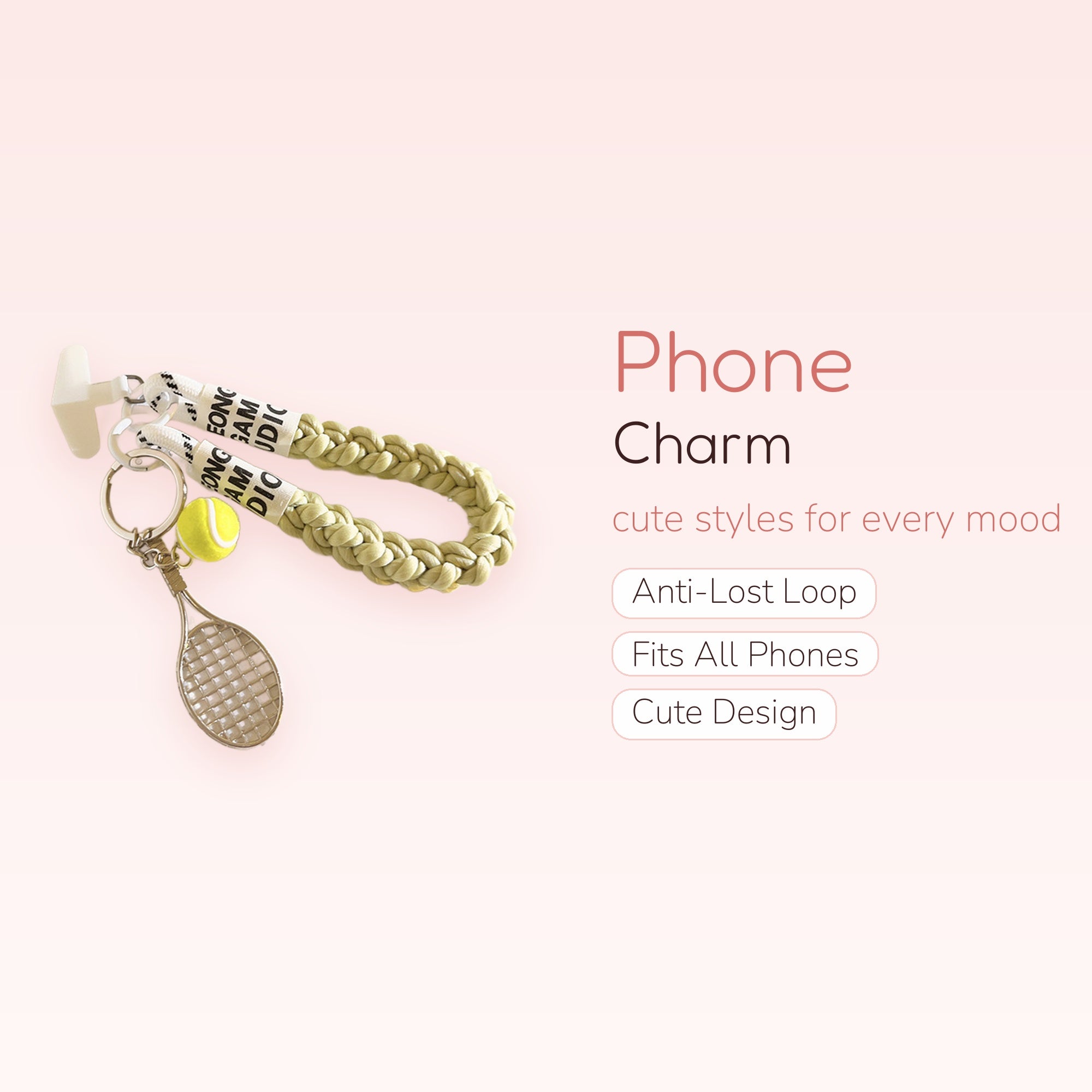 Tennis Racket & Ball Braided Phone Charm | Sporty Wrist Strap Lanyard
