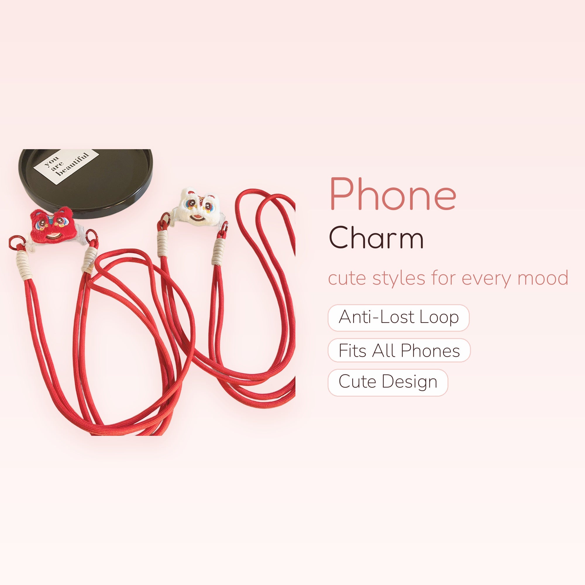 Cute Lion Dance Phone Charm Lanyard | Red & White Plush Wrist Strap