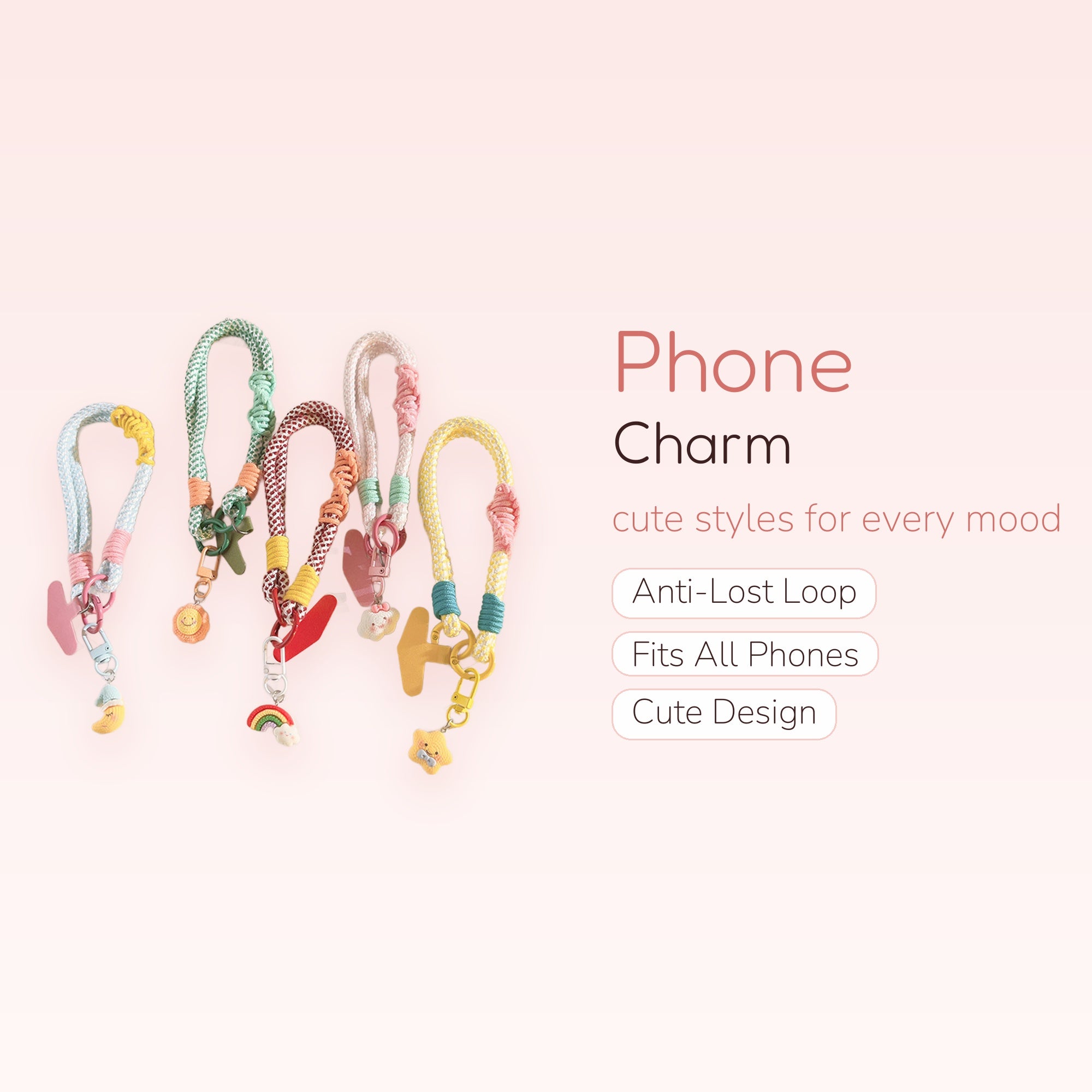 Colorful Braided Rope Phone Charm Wristlet | Cute Rainbow & Star Keychains