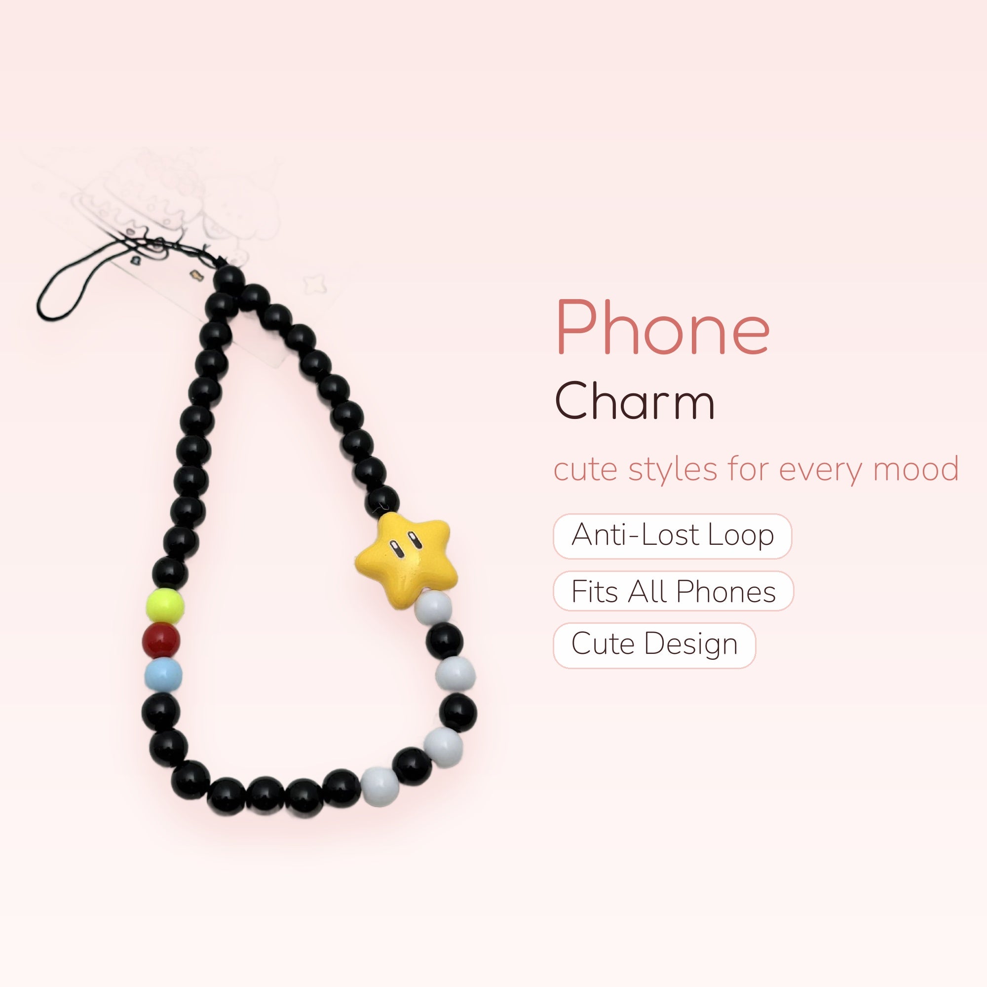 Kawaii Black Beaded Phone Charm with Yellow Star | Cute Rainbow Accent Wrist Strap