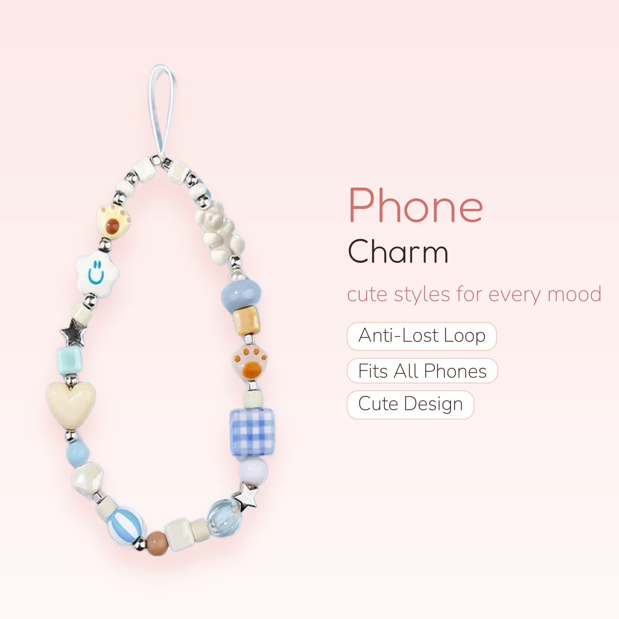 Kawaii Pastel Beaded Phone Charm Strap | Cute Bear & Heart Wrist Lanyard