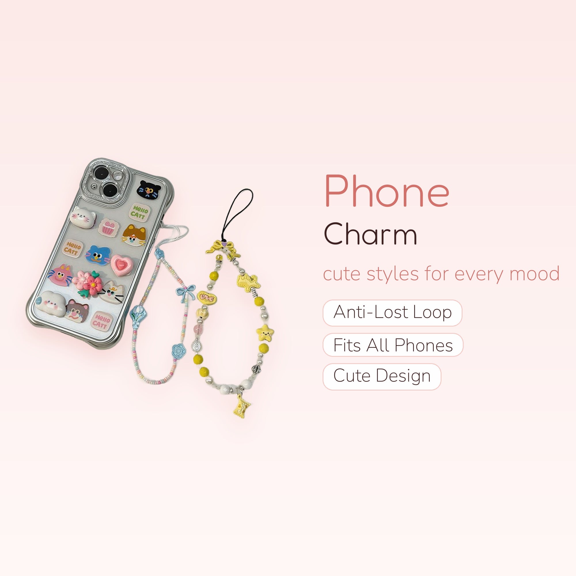 Kawaii Cat & Cupcake Phone Case with Pearl & Yellow Beaded Phone Charm | Pastel Beaded Wrist Lanyard