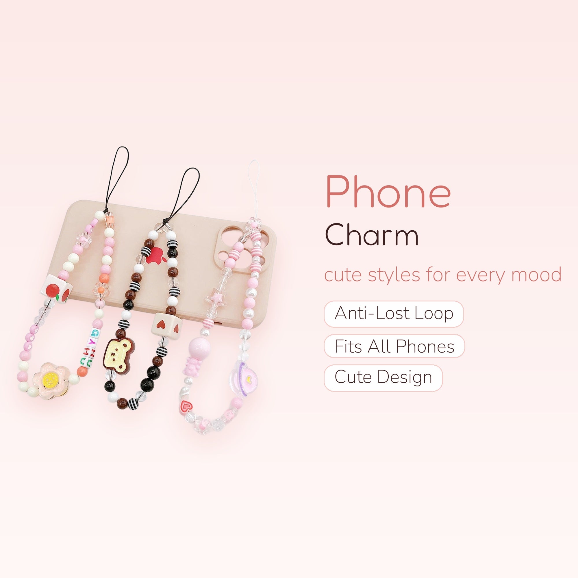 Kawaii Beaded Phone Charm Straps | Pastel Pink & Brown Aesthetic Wrist Lanyards