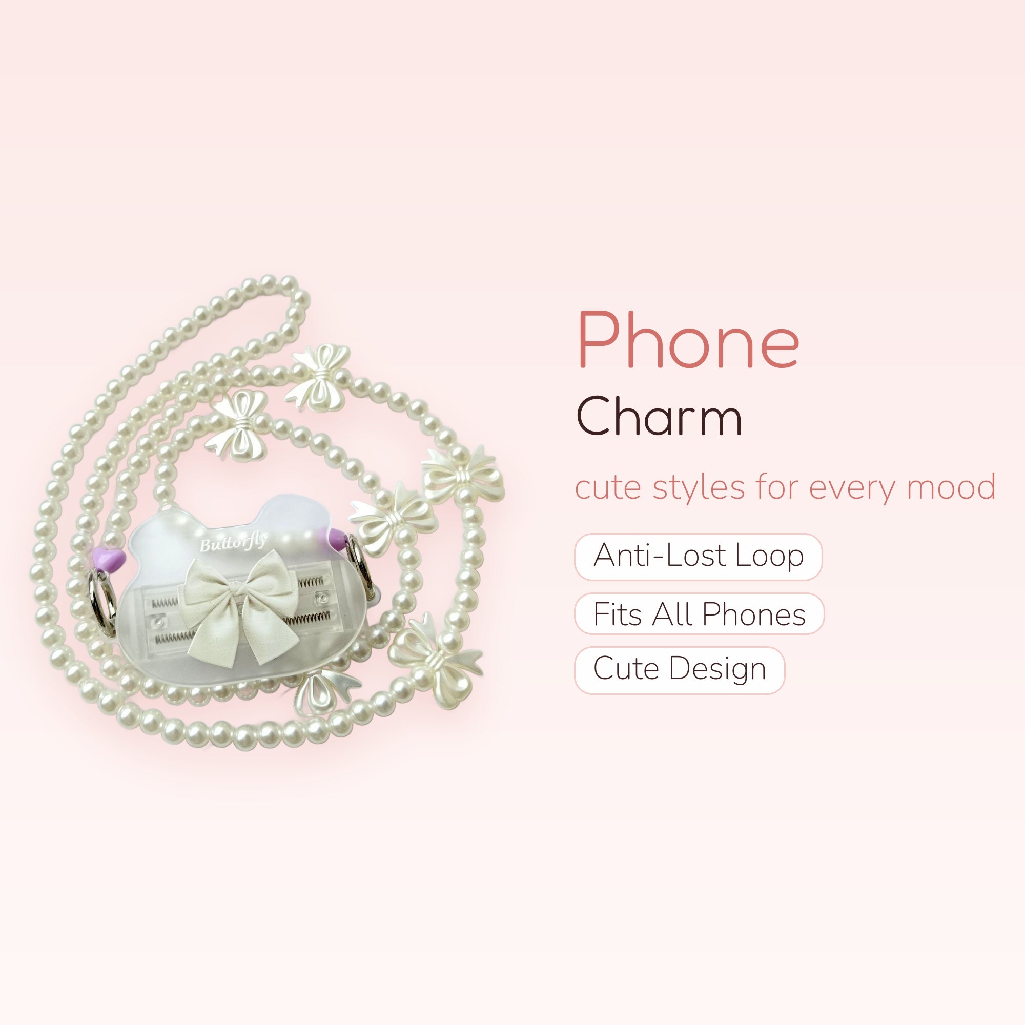 Kawaii Pearl Bow Phone Charm Lanyard | Aesthetic Beaded Wrist Strap with Butterfly