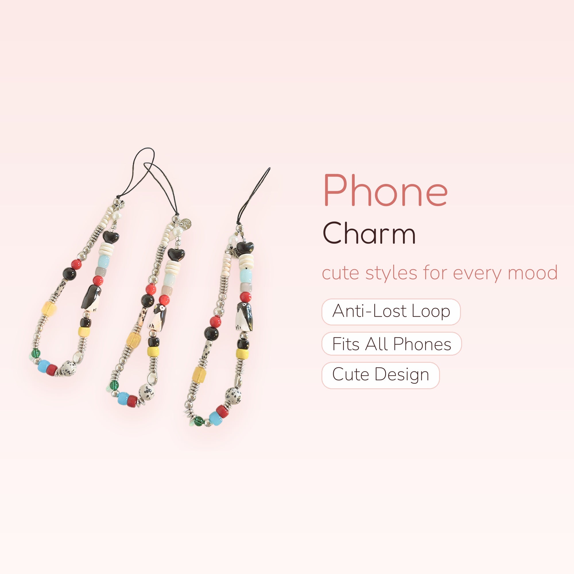 Kawaii Beaded Penguin & Heart Phone Charm Strap | Colorful Y2K Wrist Lanyard