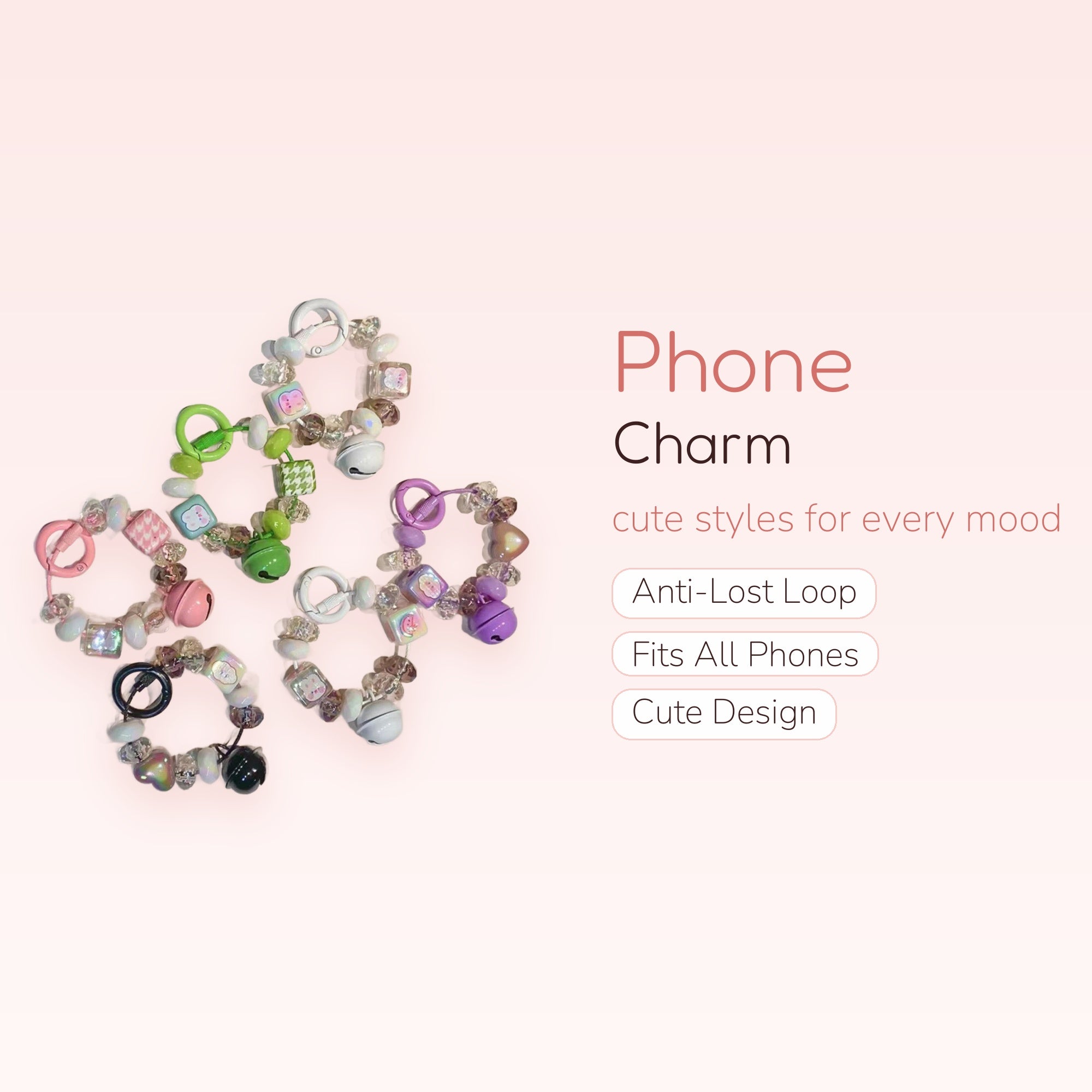 Kawaii Bell & Cube Phone Charm Strap | Pastel Beaded Wrist Lanyard