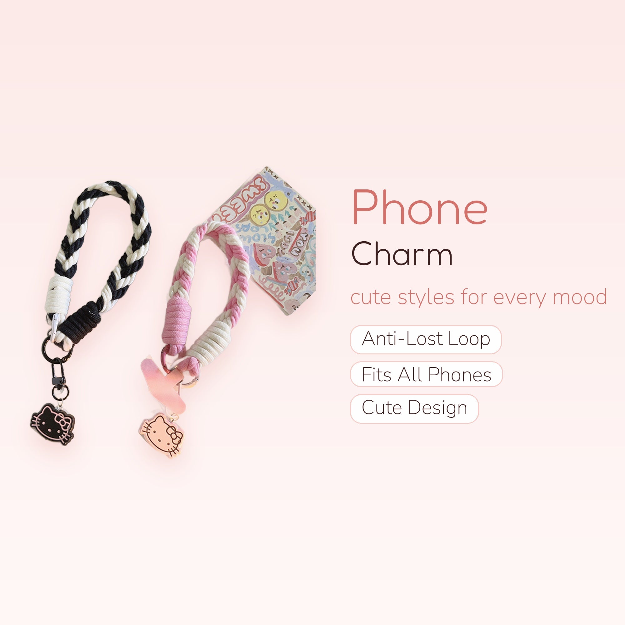 Kawaii Braided Wrist Phone Charm Strap with Hello Kitty Pendant | Cute Black & Pink Lanyard