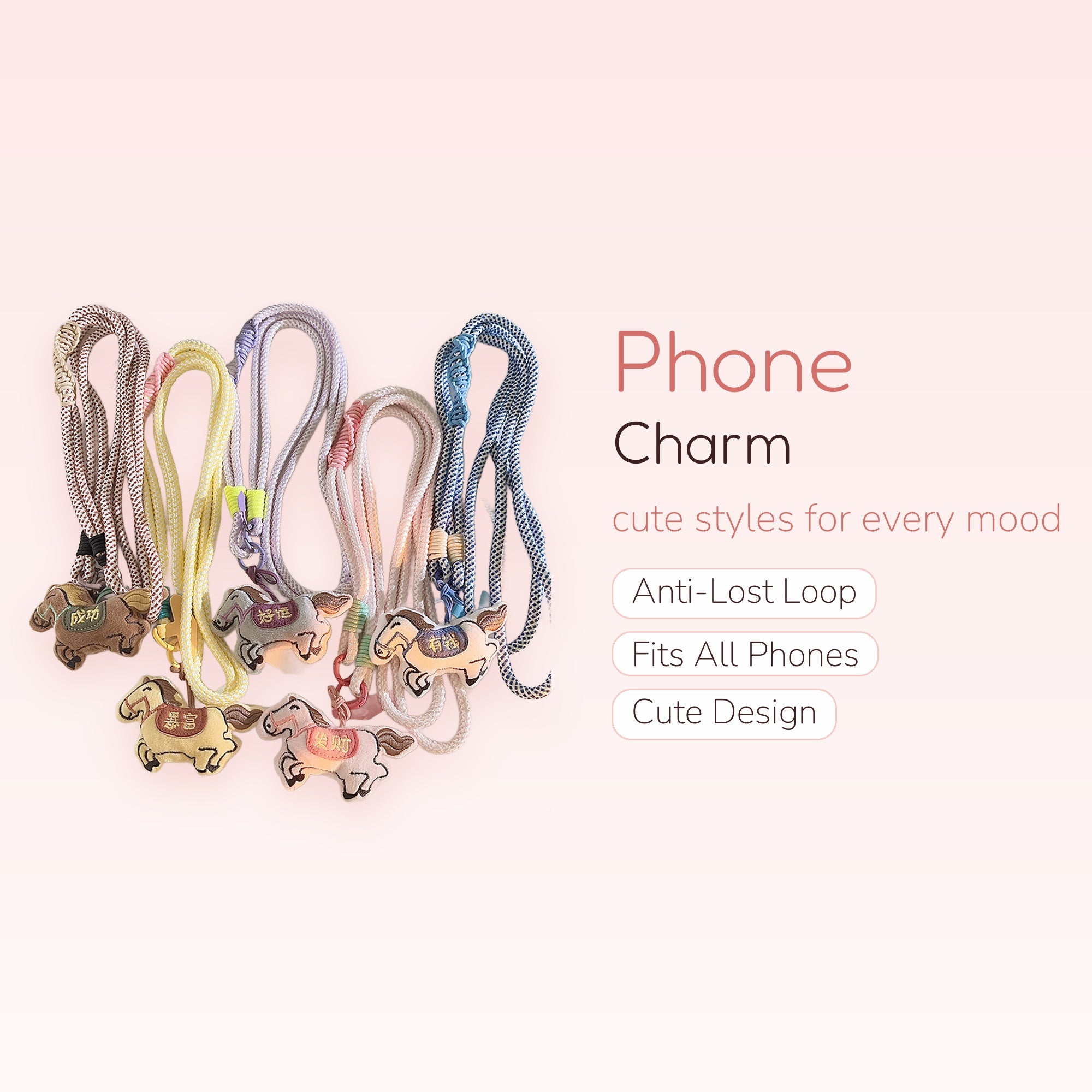 Kawaii Braided Rope Horse Phone Charm Lanyard | Lucky Embroidered Plush Wrist Strap