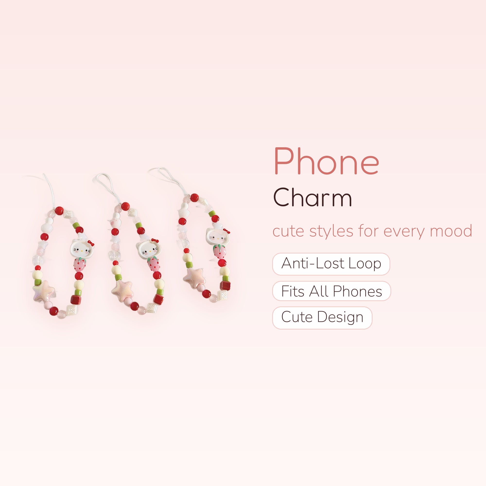 Kawaii Hello Kitty & Strawberry Beaded Phone Charm | Cute Red & Pink Wrist Strap