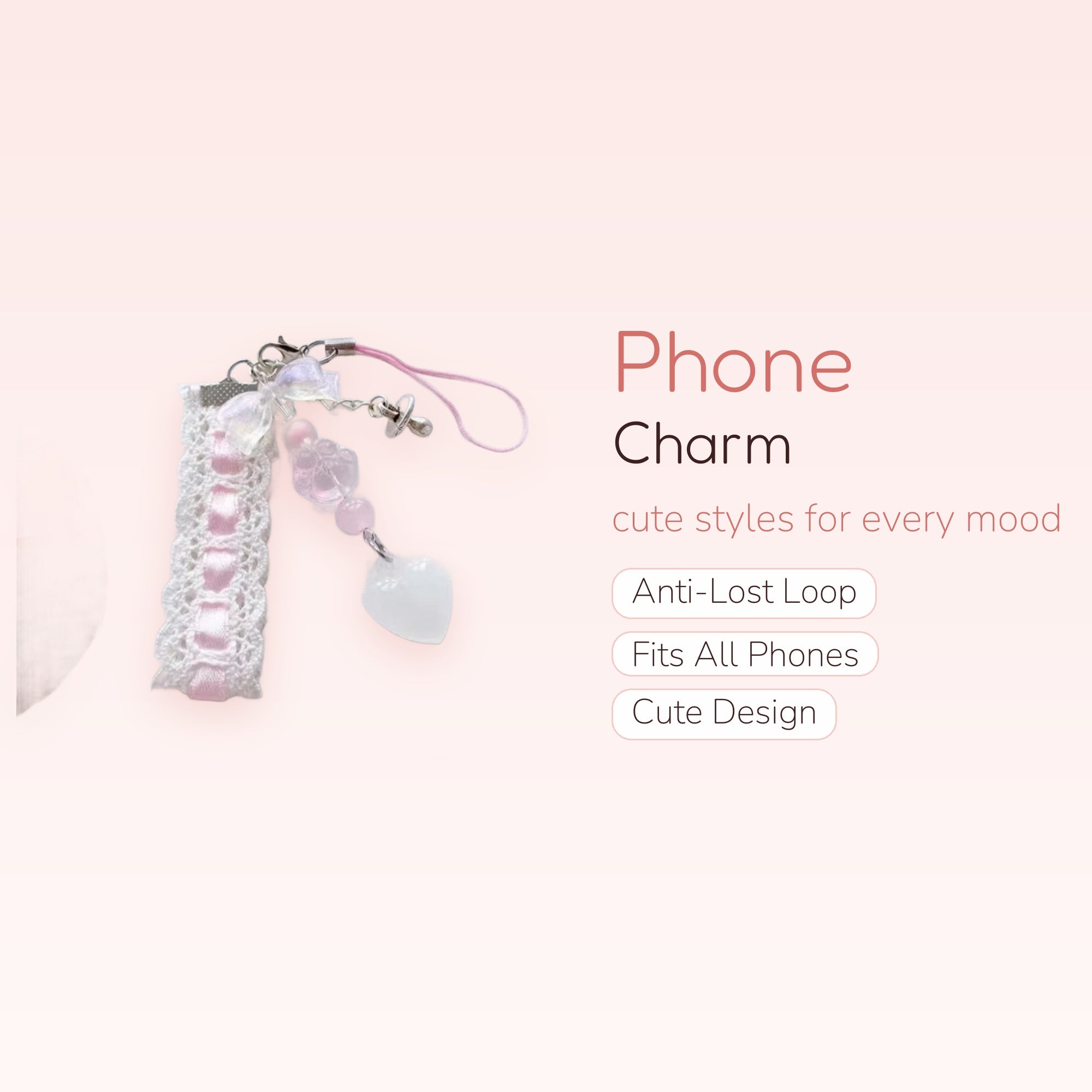 Kawaii Pink Lace & Heart Phone Charm | Pastel Beaded Strap with Pacifier