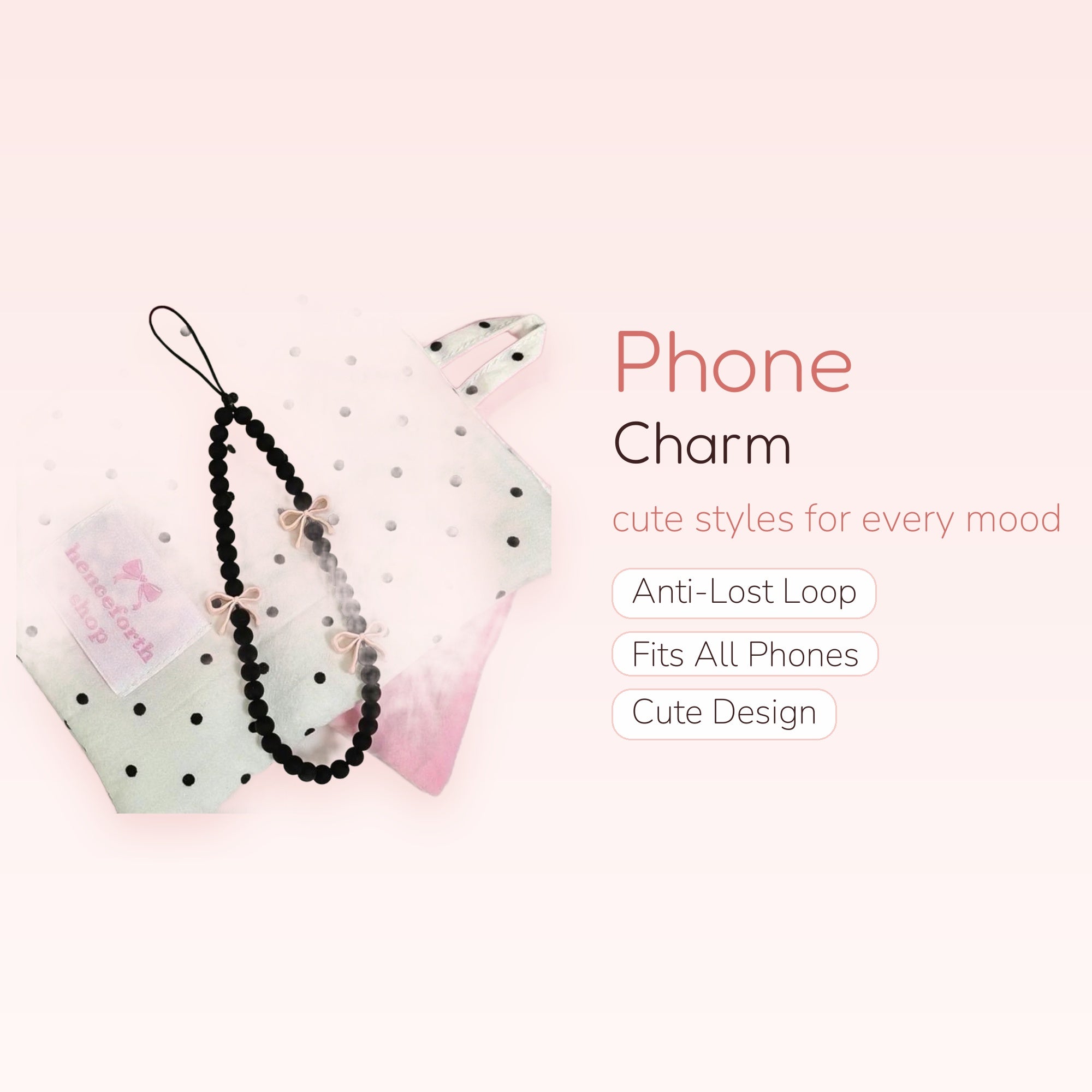 Black Beaded Phone Charm Strap with Pink Bows | Cute Polka Dot Wrist Lanyard