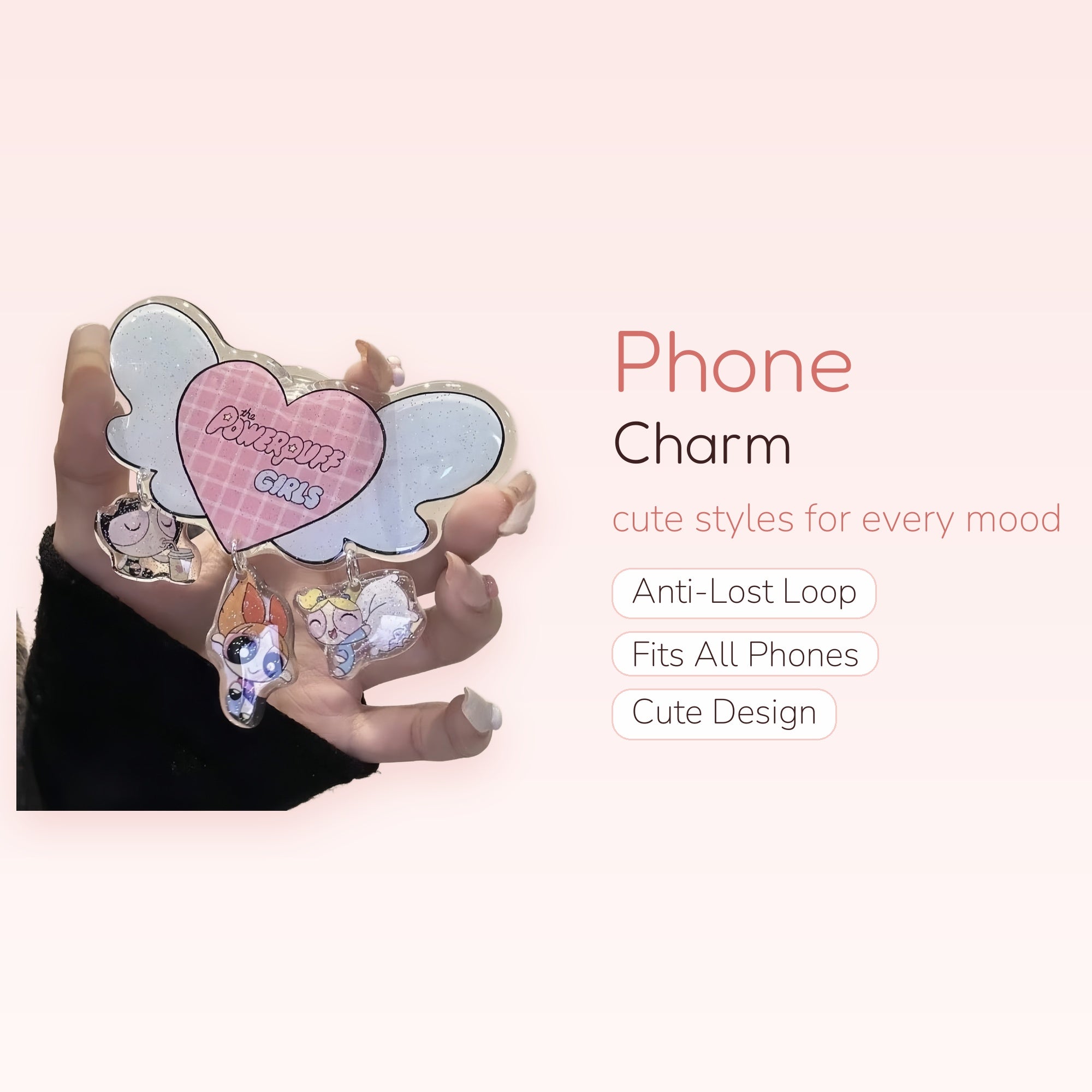 Kawaii Powerpuff Girls Cloud Phone Charm | Aesthetic Glitter Acrylic Keychain