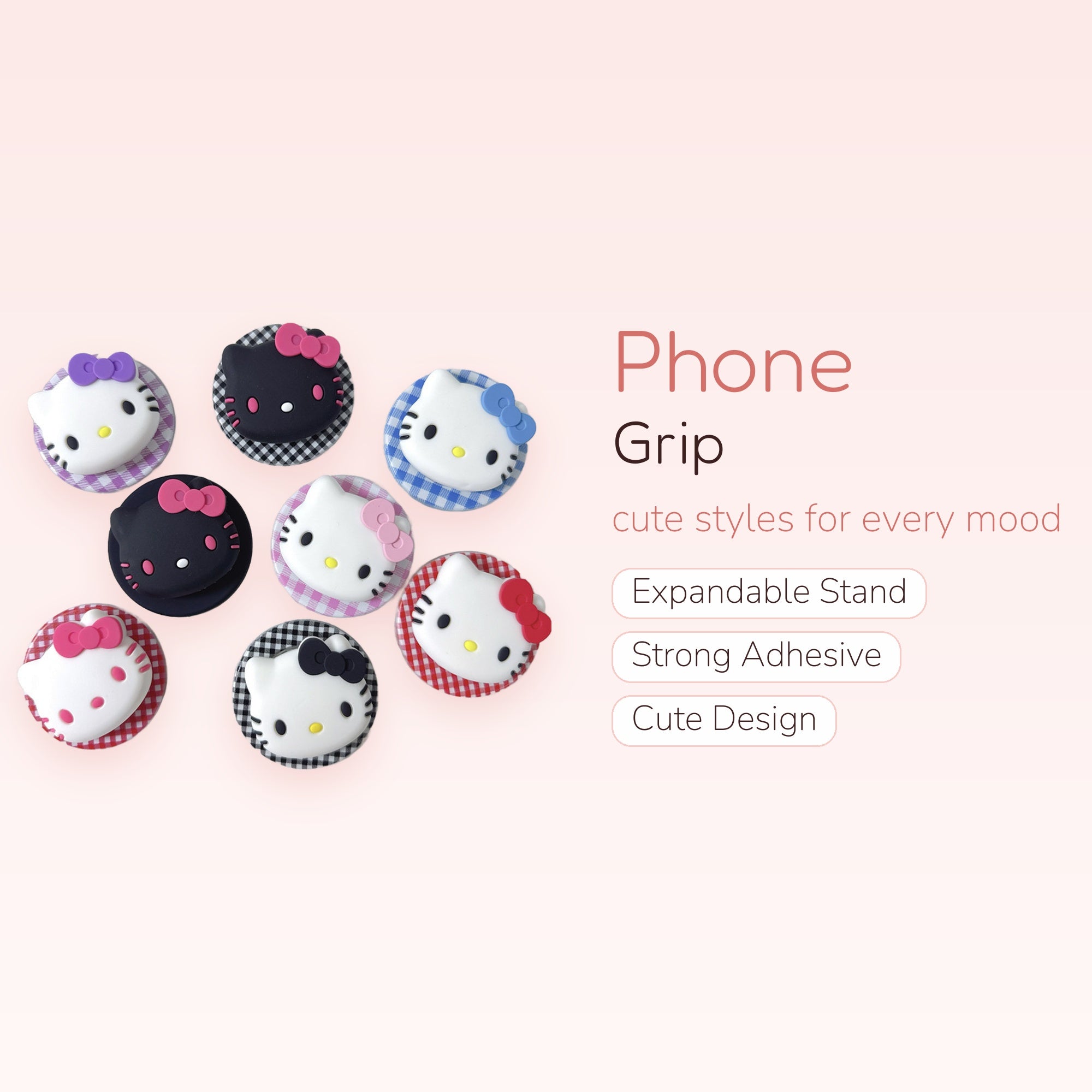 Cute Hello Kitty Phone Grip | Kawaii Gingham Pop Socket Stand