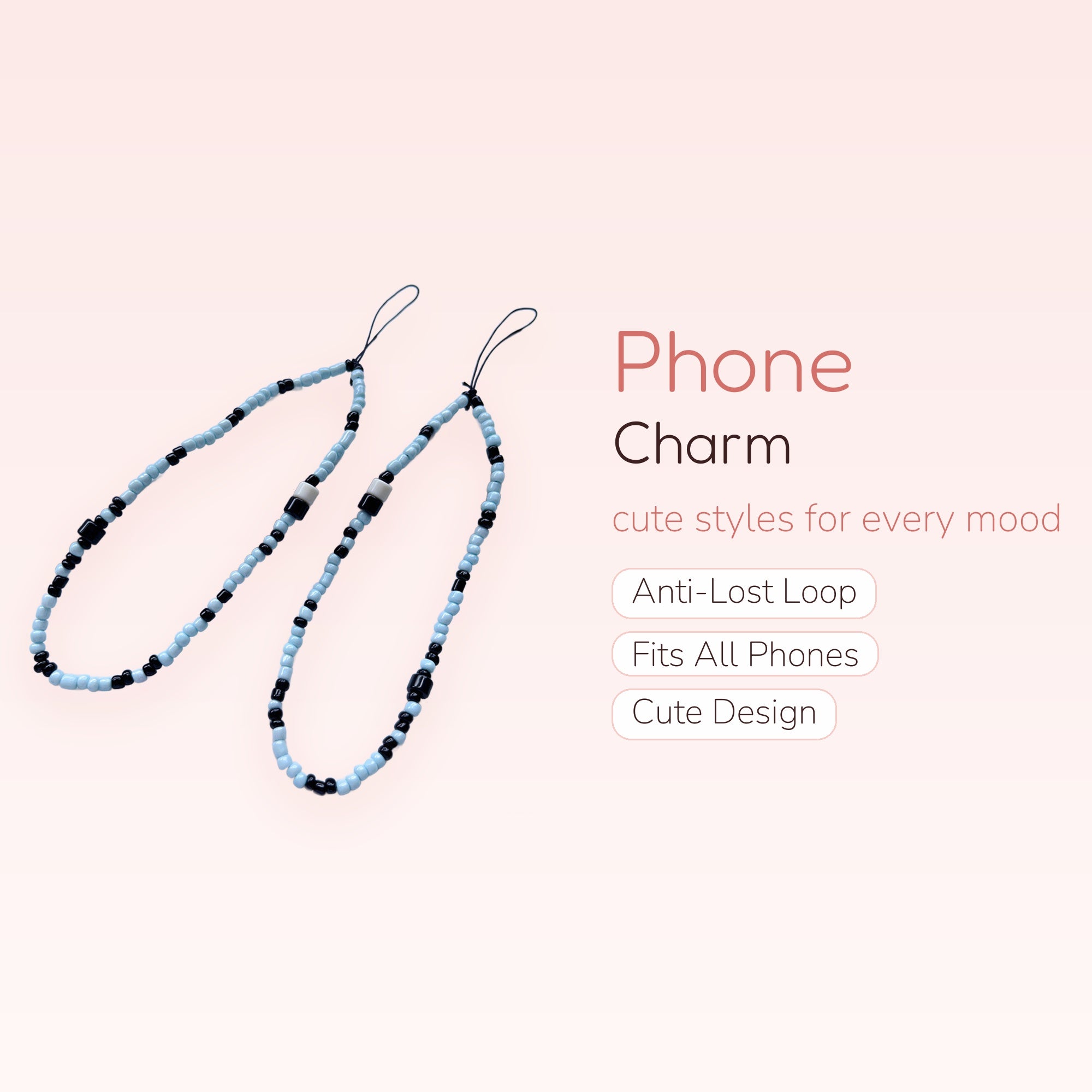 Aesthetic Light Blue & Black Beaded Phone Charm | Y2K Wrist Strap Lanyard
