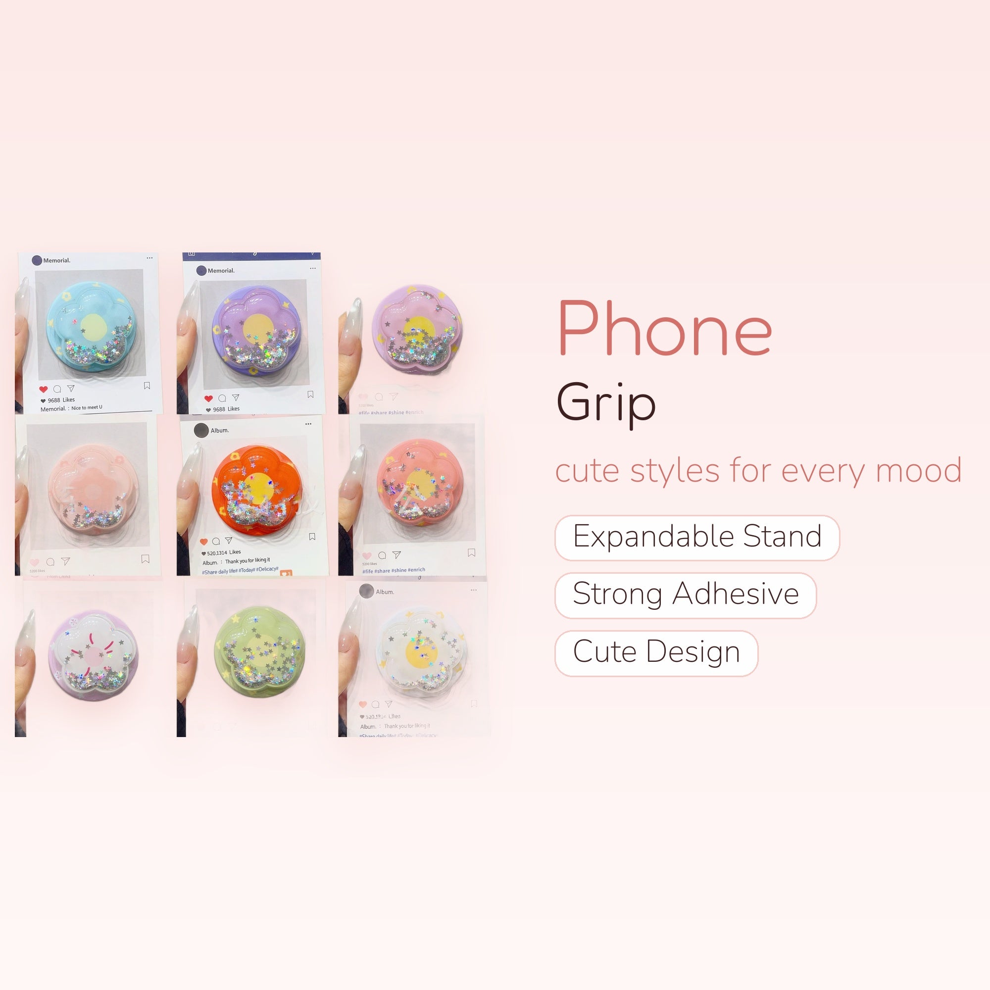 Kawaii Glitter Flower Phone Grip | Pastel Shaker Pop Socket Stand