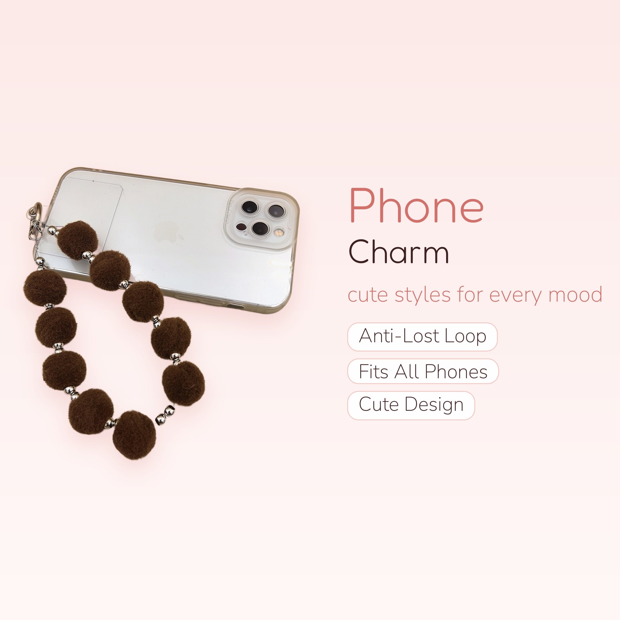 Aesthetic Brown Pom Pom Phone Charm | Cute Fluffy Ball Wrist Strap