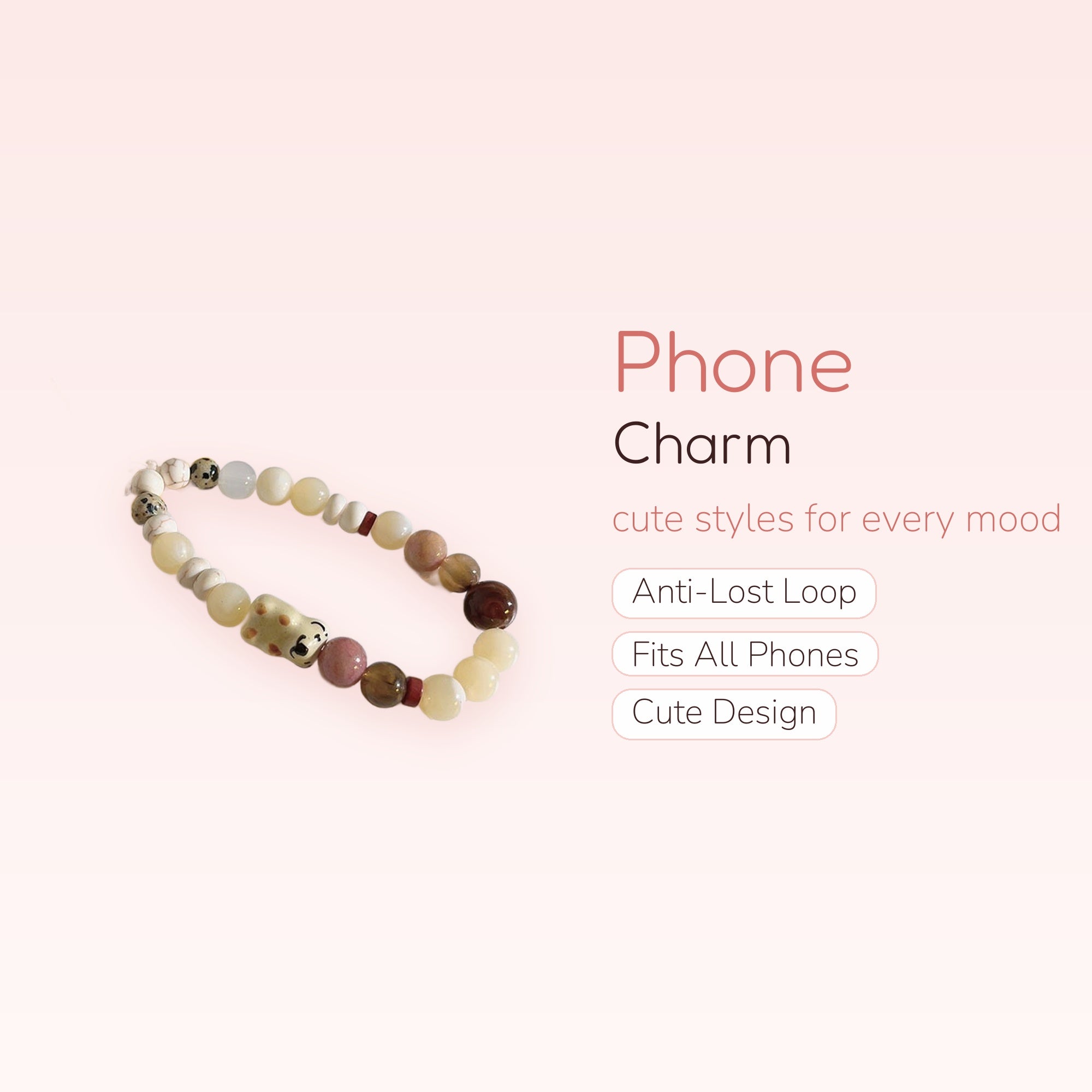 Kawaii Beaded Phone Charm Strap | Pastel Yellow & Pink Wrist Lanyard with Cute Face Bead