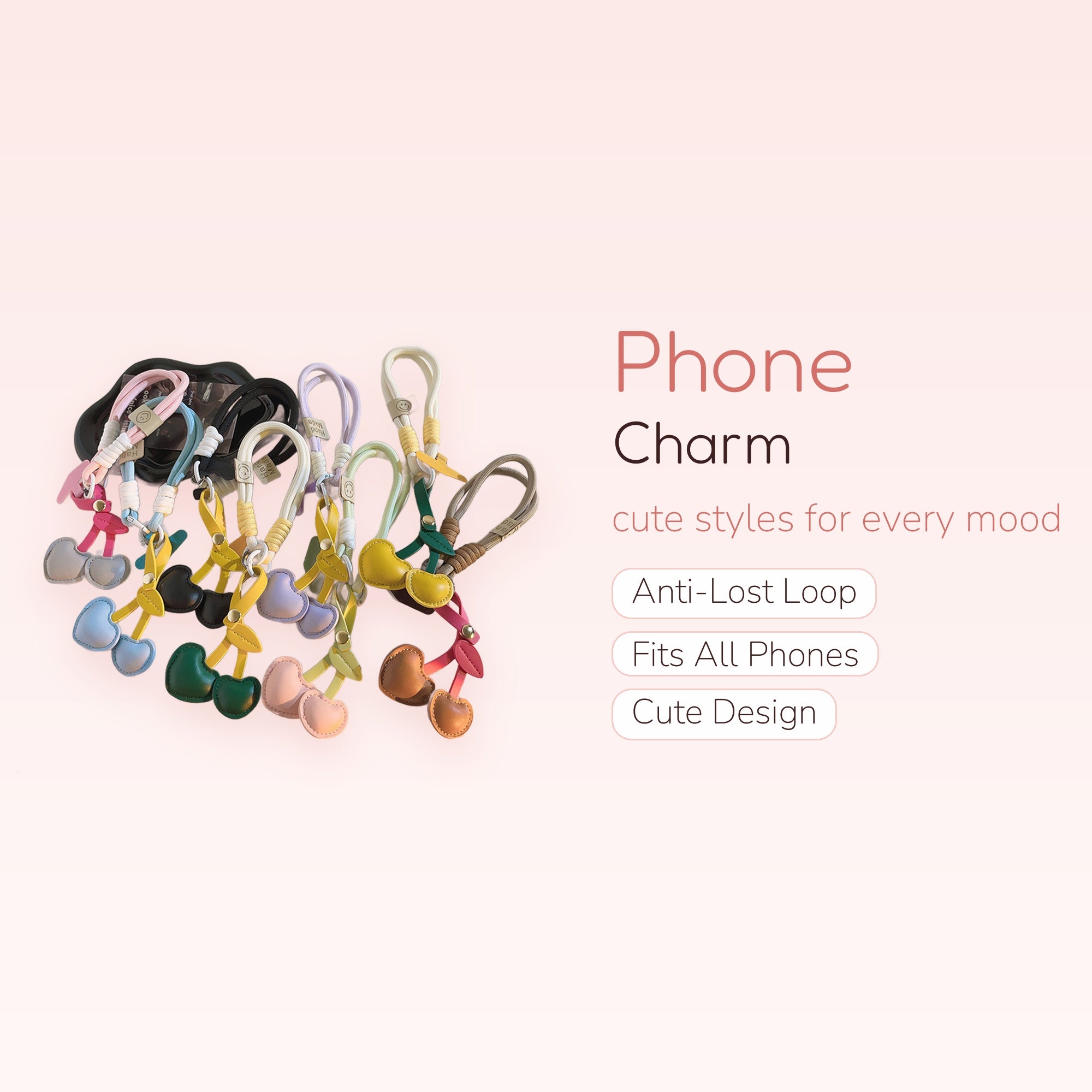 Cute Cherry Leather Phone Charm Strap | Pastel Fruit Wrist Lanyard