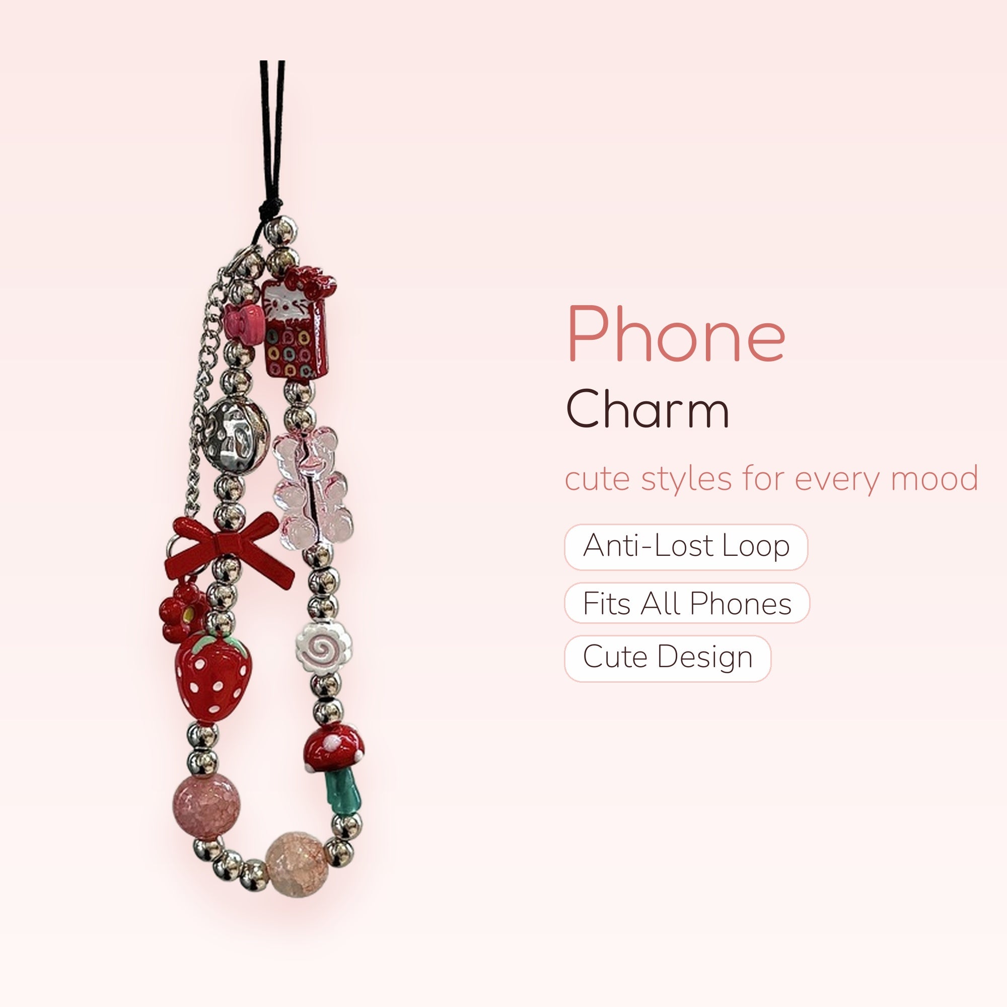 Kawaii Red Strawberry & Hello Kitty Beaded Phone Charm | Aesthetic Y2K Phone Strap