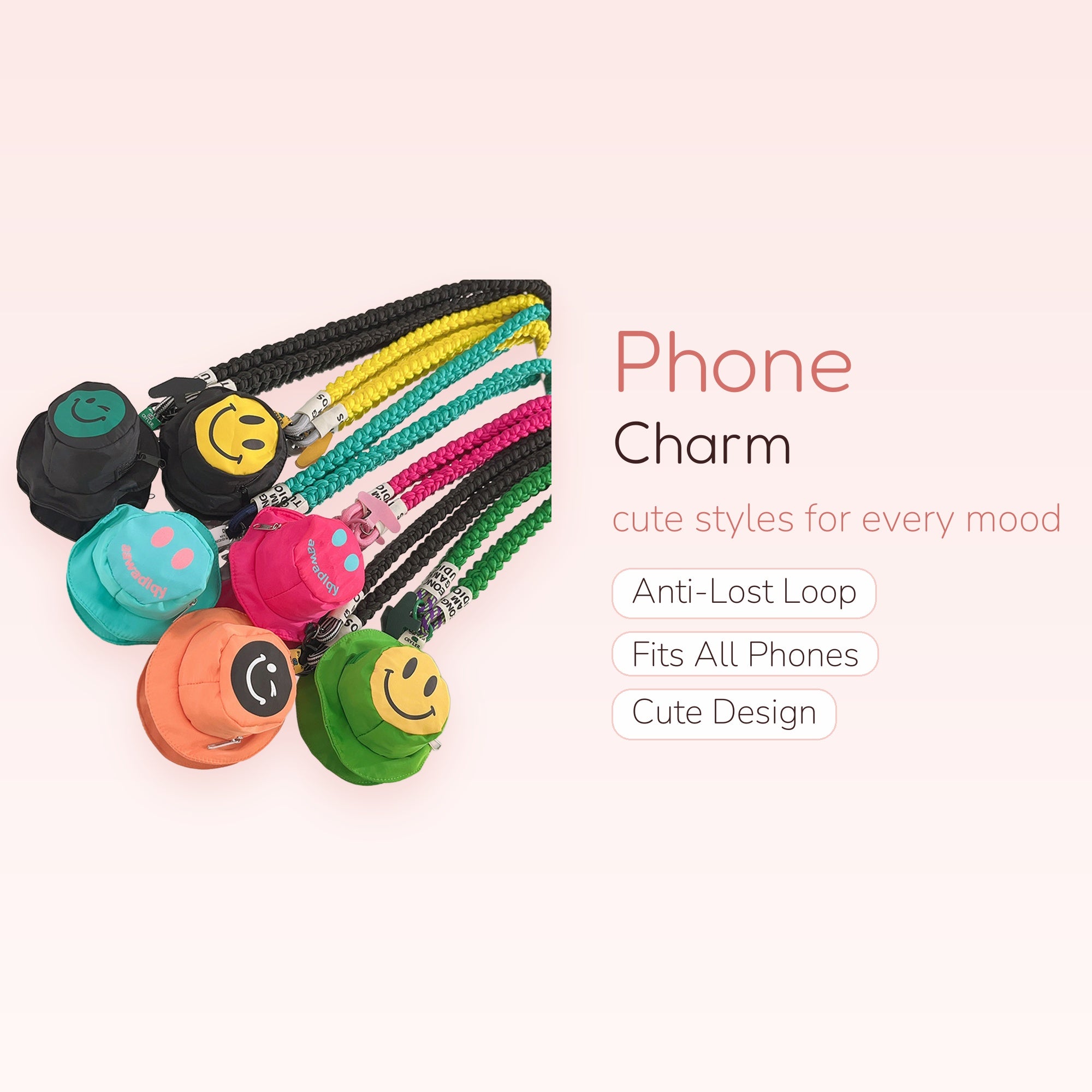 Kawaii Smiley Face Bucket Hat Phone Charm Lanyard | Colorful Braided Strap Keychain