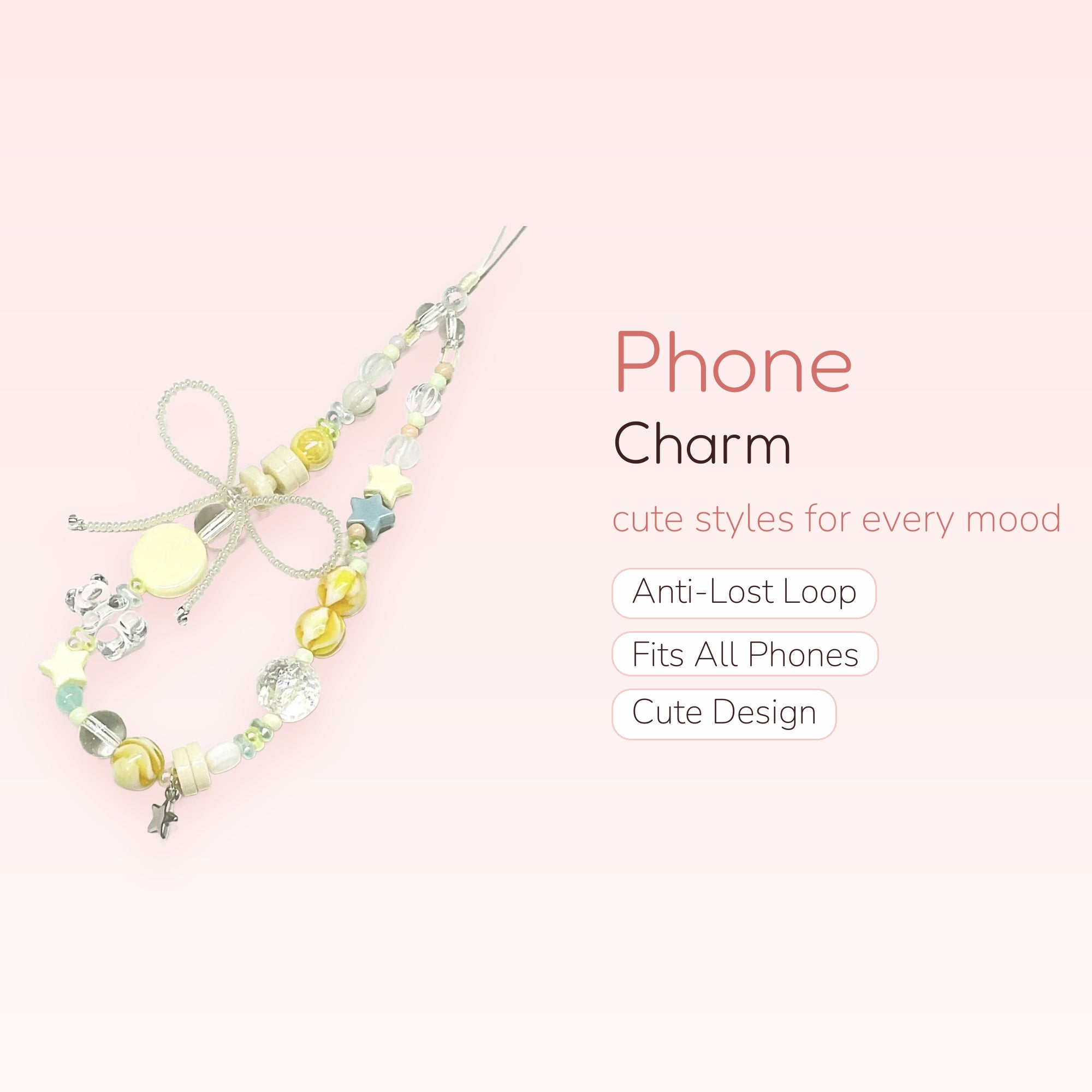 Pastel Yellow & Clear Beaded Phone Charm Strap | Cute Star & Bear Wrist Lanyard