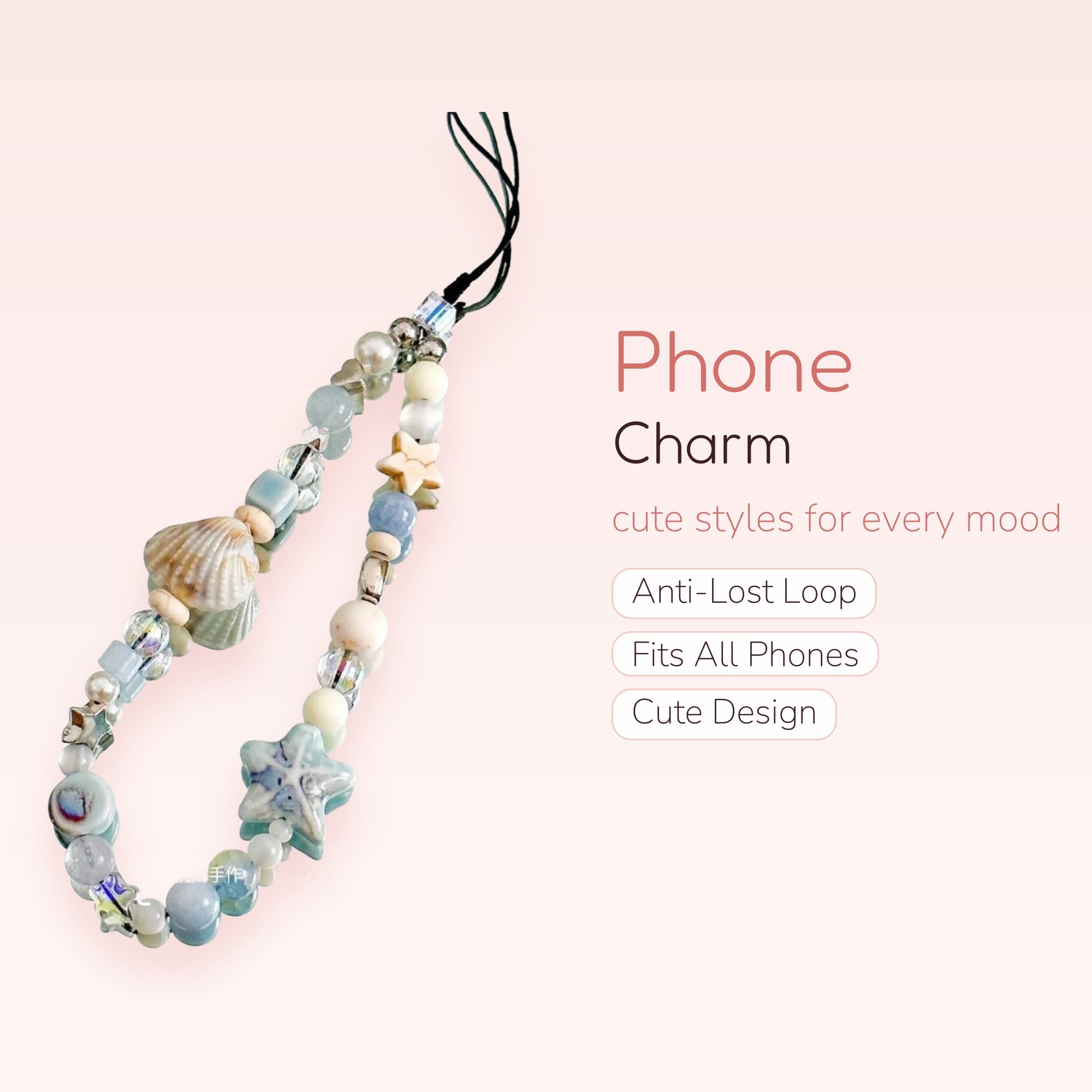 Ocean Blue Seashell & Starfish Phone Charm Strap | Aesthetic Beaded Wrist Lanyard