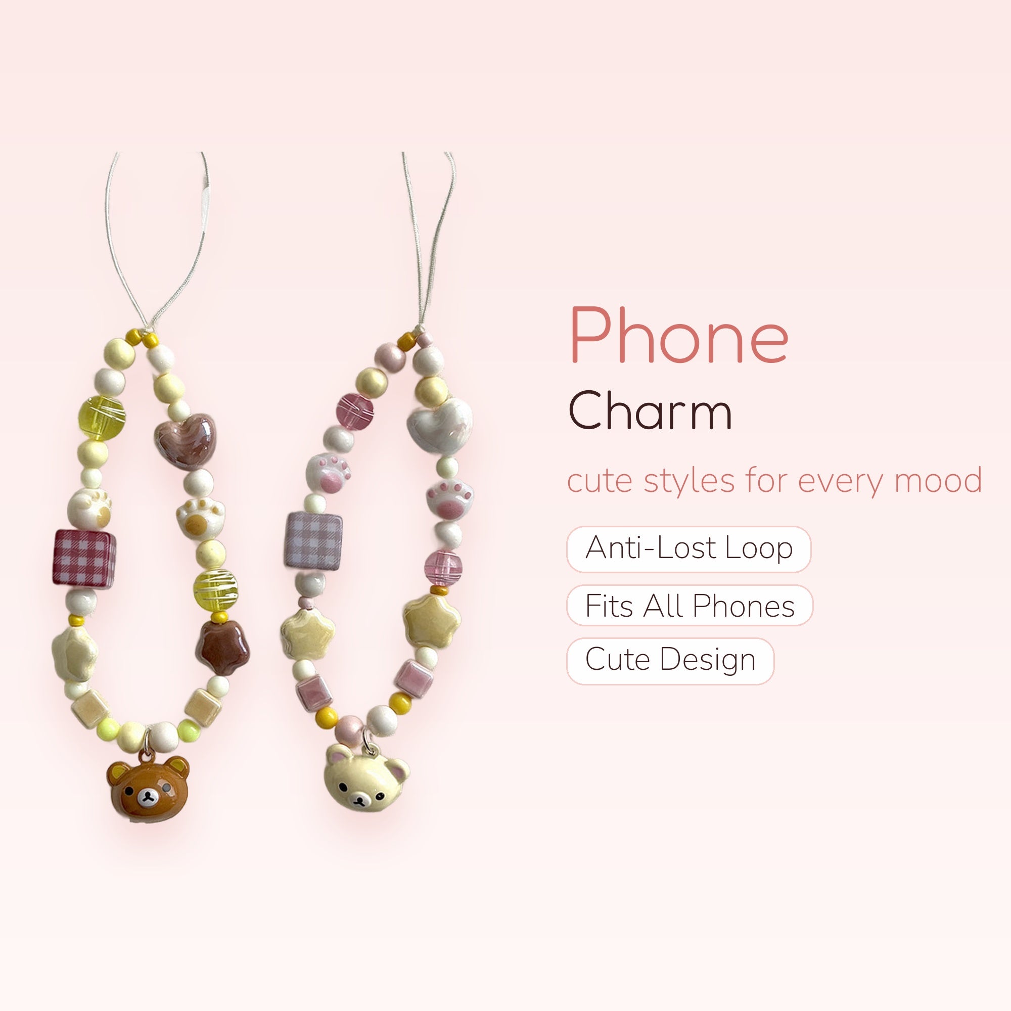 Kawaii Pastel Beaded Phone Charm Strap with Bear Pendants | Cute Heart & Paw Print Wrist Lanyard