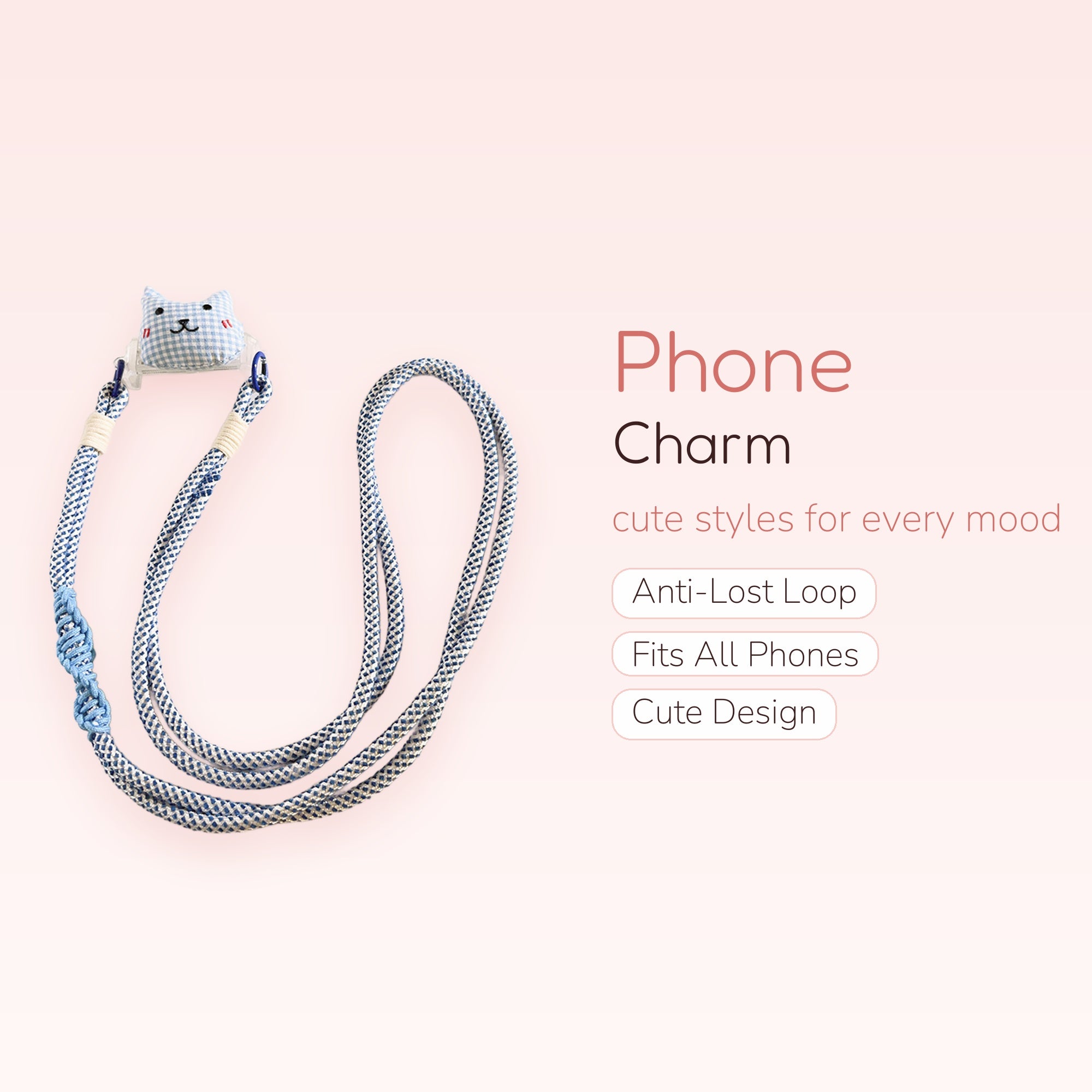 Cute Blue Gingham Cat Phone Lanyard | Aesthetic Plaid Fabric Phone Strap