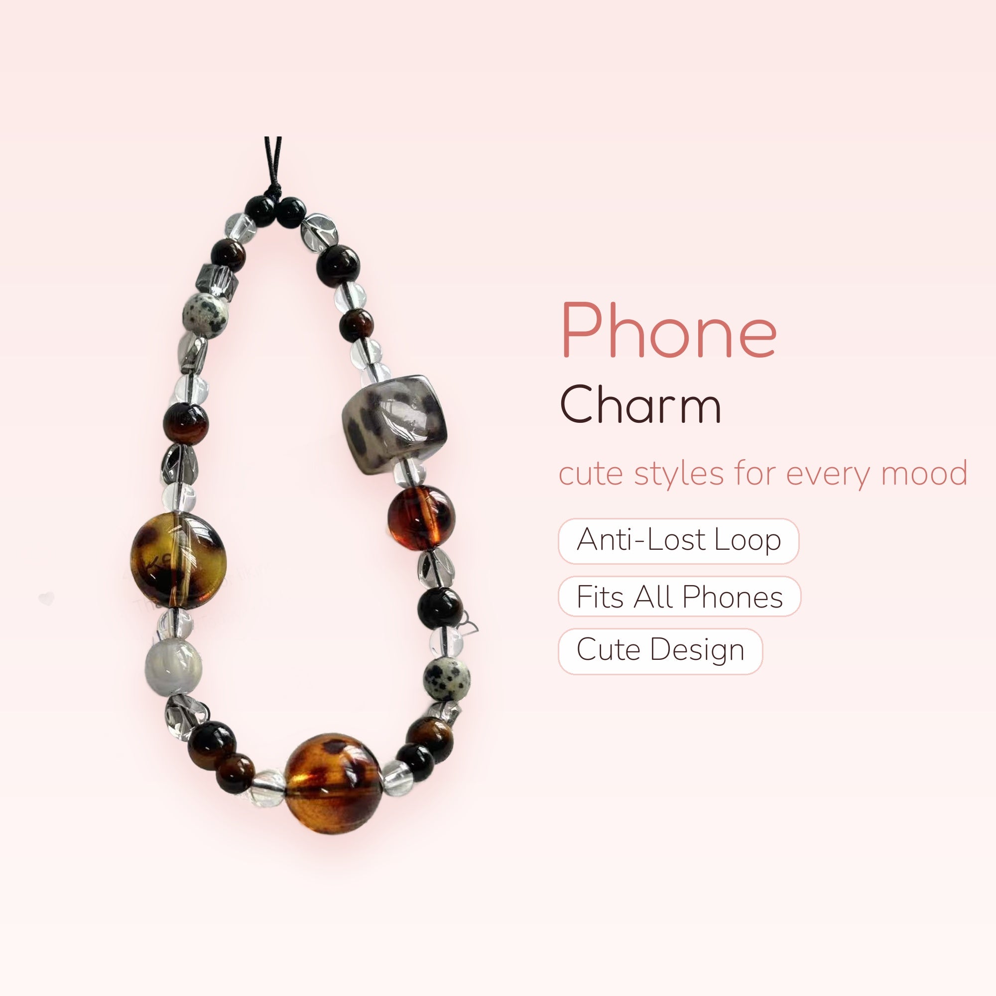 Amber & Clear Beaded Phone Charm Strap | Aesthetic Tortoiseshell Wrist Lanyard