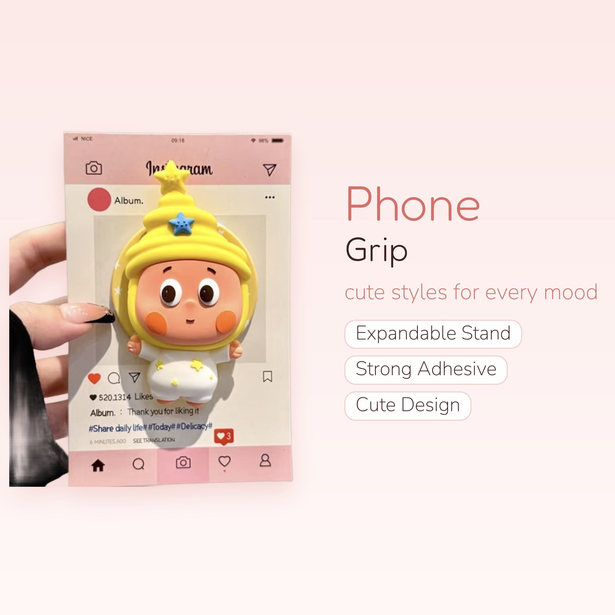 Kawaii Yellow Star Character Phone Grip | Cute Instagram Pop Socket Stand