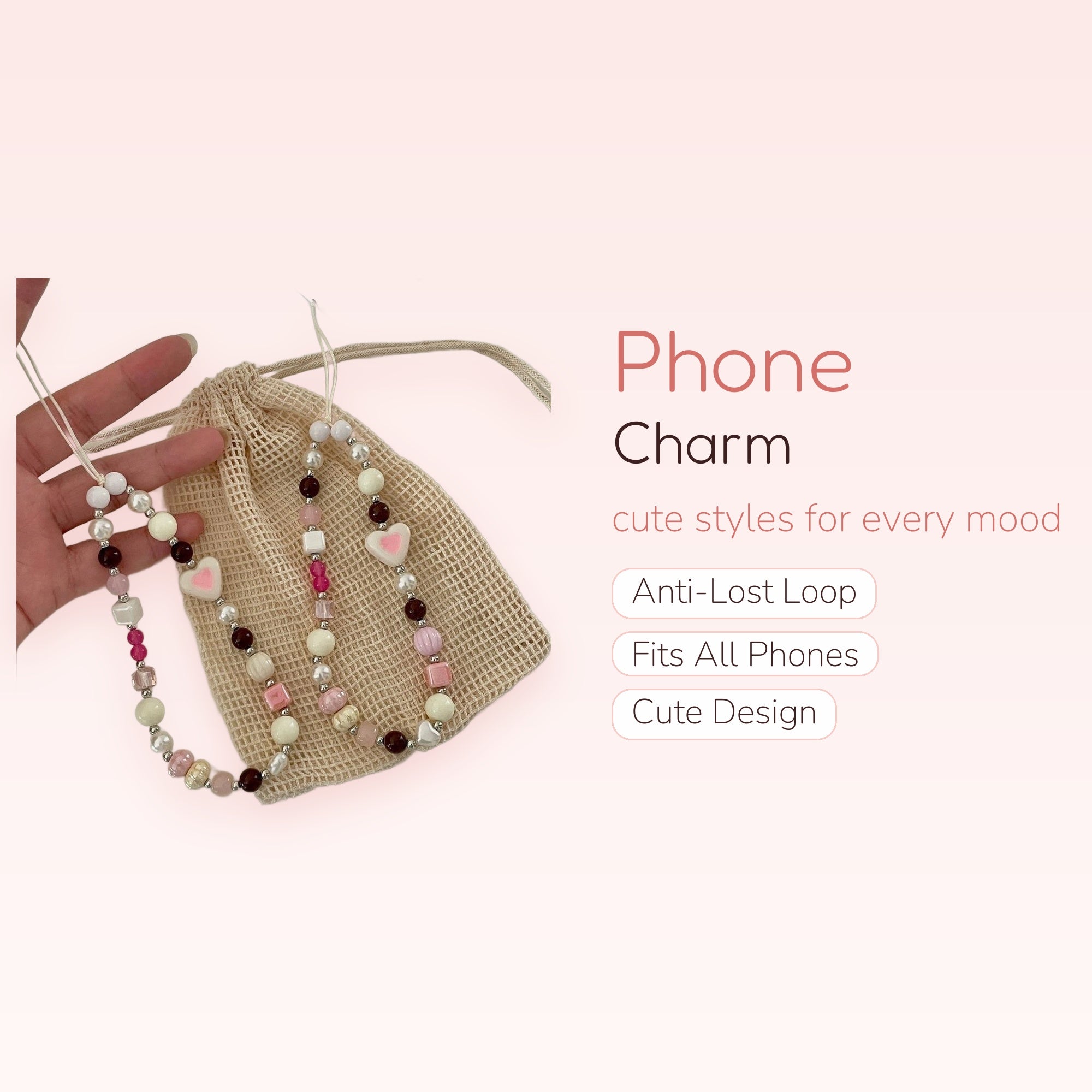 Kawaii Pearl & Heart Beaded Phone Charm Strap | Pastel Pink & Brown Wrist Lanyard