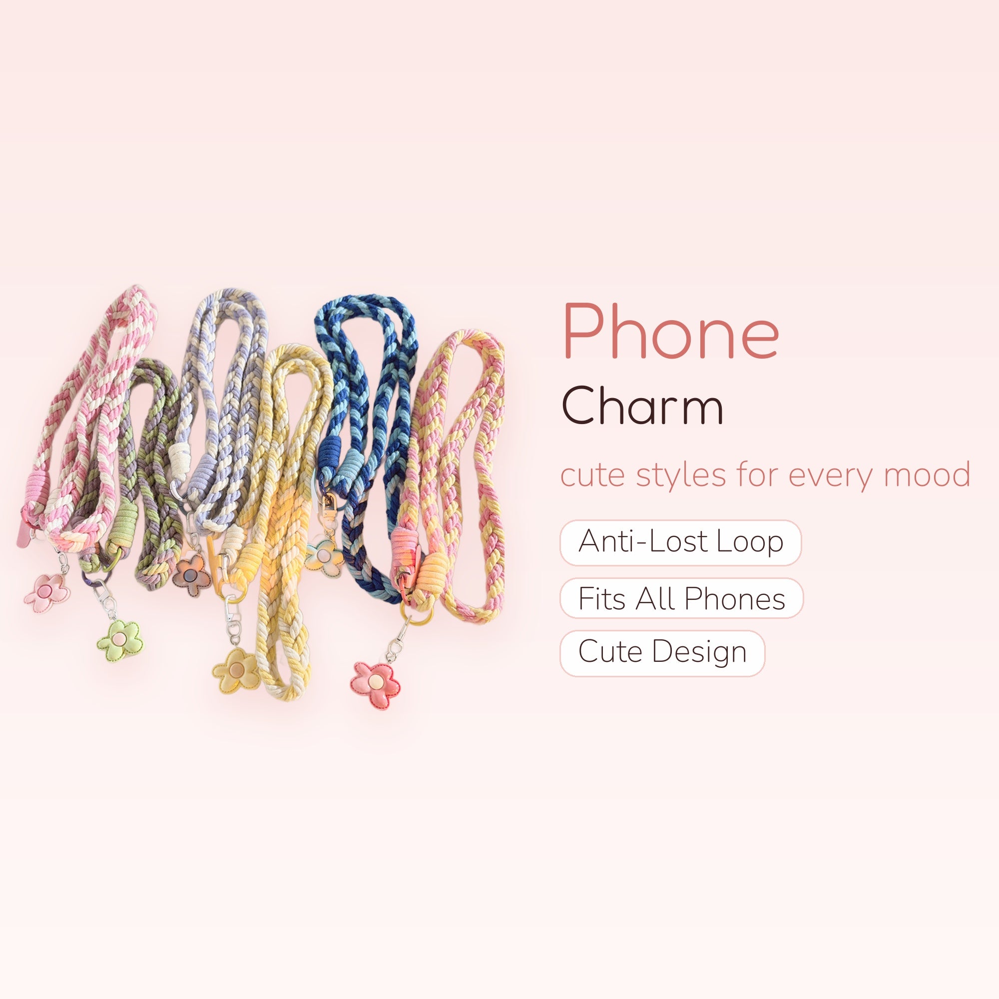 Braided Rope Phone Charm Lanyard with Flower Pendant | Cute Pastel Wrist Strap