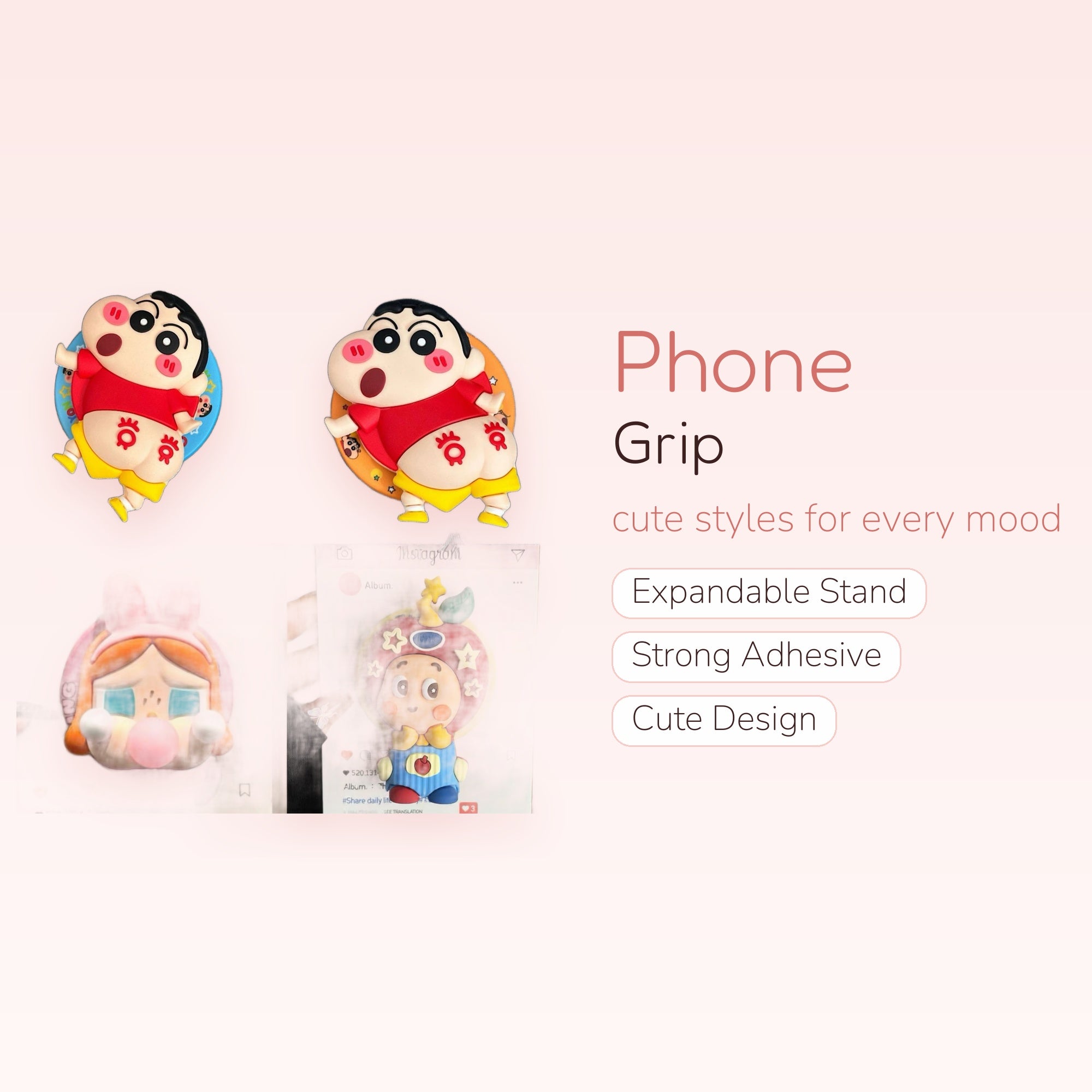Kawaii Cartoon Character Phone Grip Set | Cute Silicone Pop Socket Stand