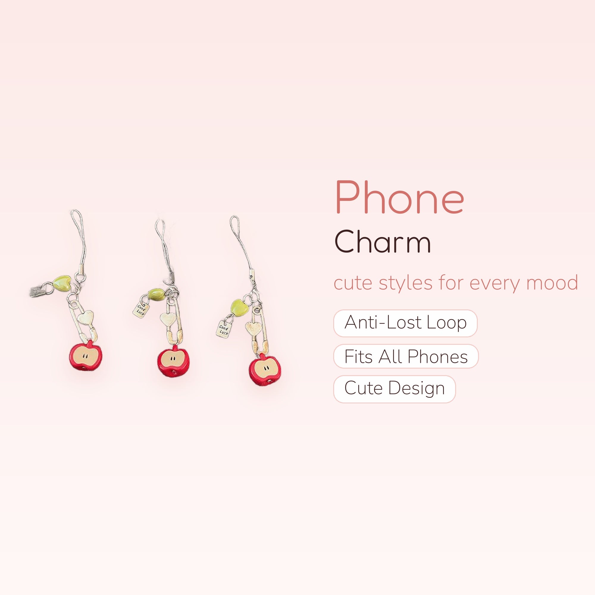 Y2K Red Apple & Heart Phone Charm | Cute Safety Pin Wrist Strap