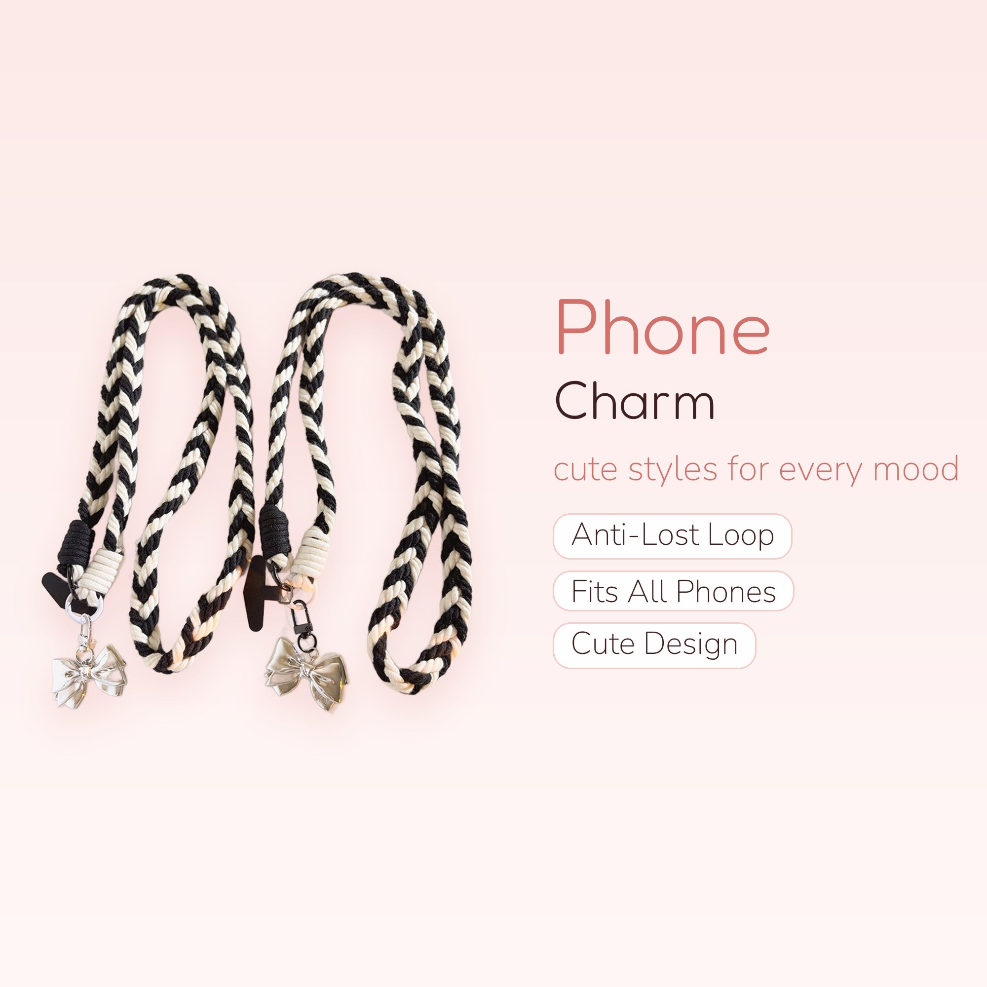 Aesthetic Black & White Braided Phone Lanyard | Cute Bowknot Charm Strap