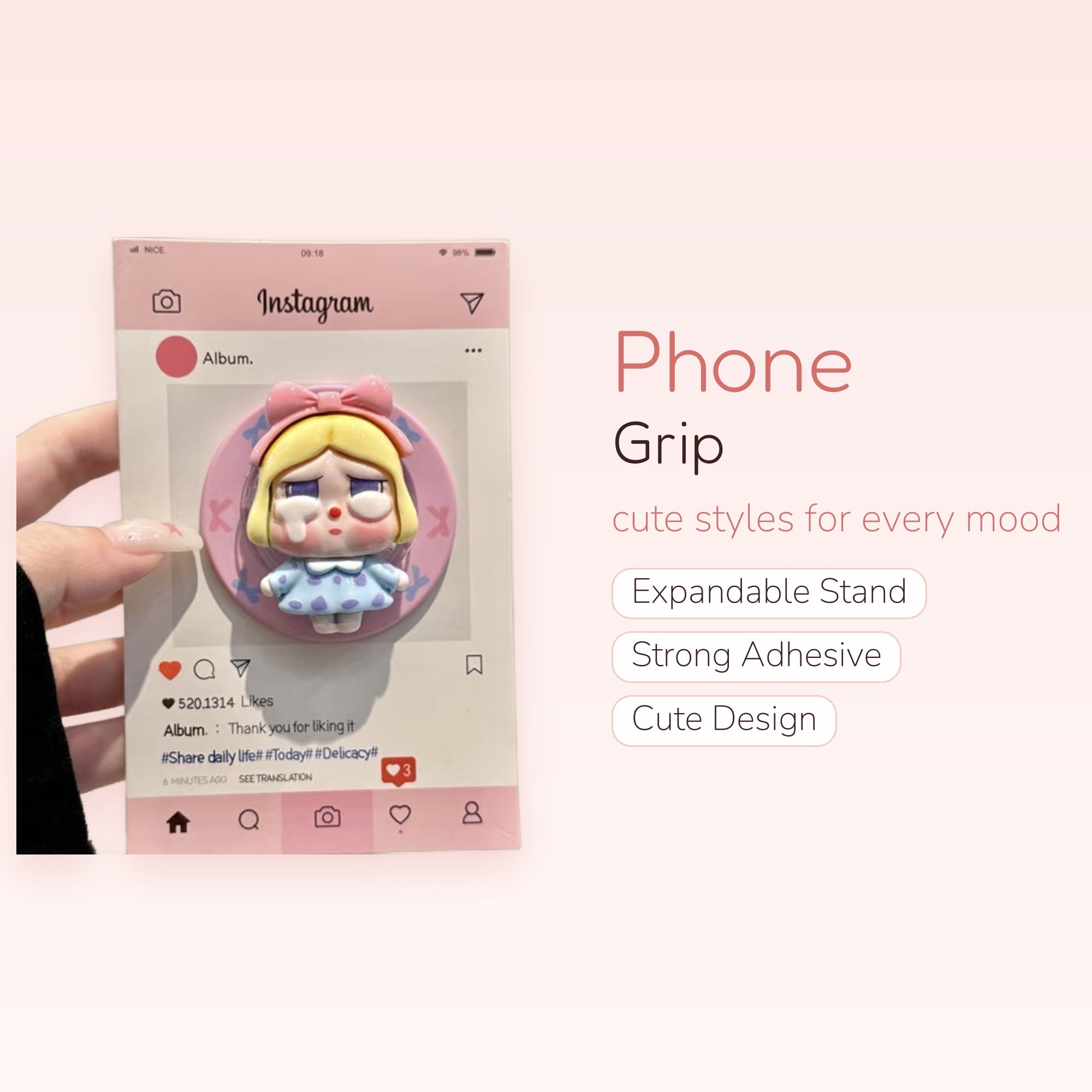 Kawaii Crying Girl Phone Grip | Pastel Pink Pop Socket Stand