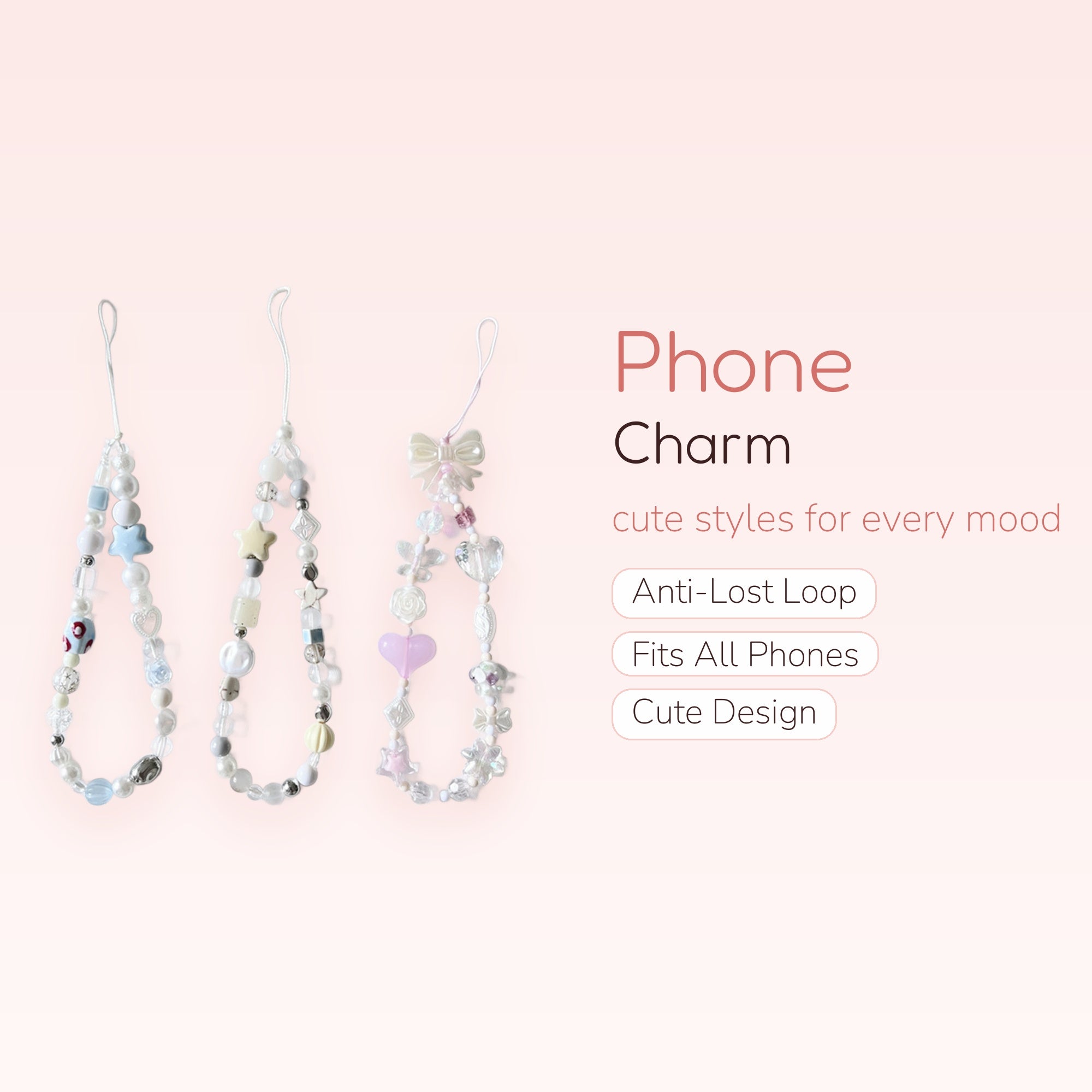 Kawaii Pastel Beaded Phone Charm Straps | Cute Pearl & Star Wrist Lanyards