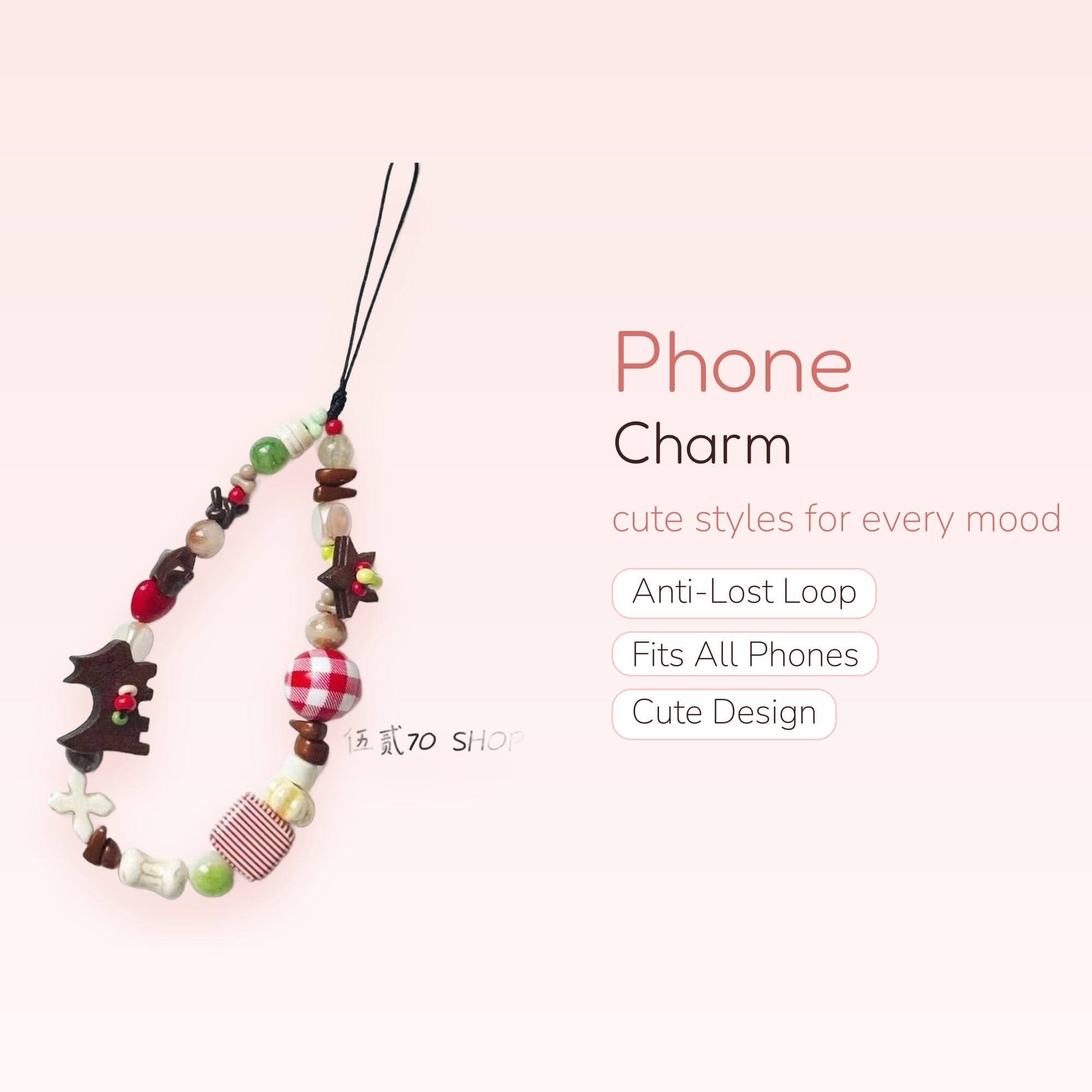 Cute Christmas Tree & Star Beaded Phone Charm | Gingham & Striped Wrist Strap