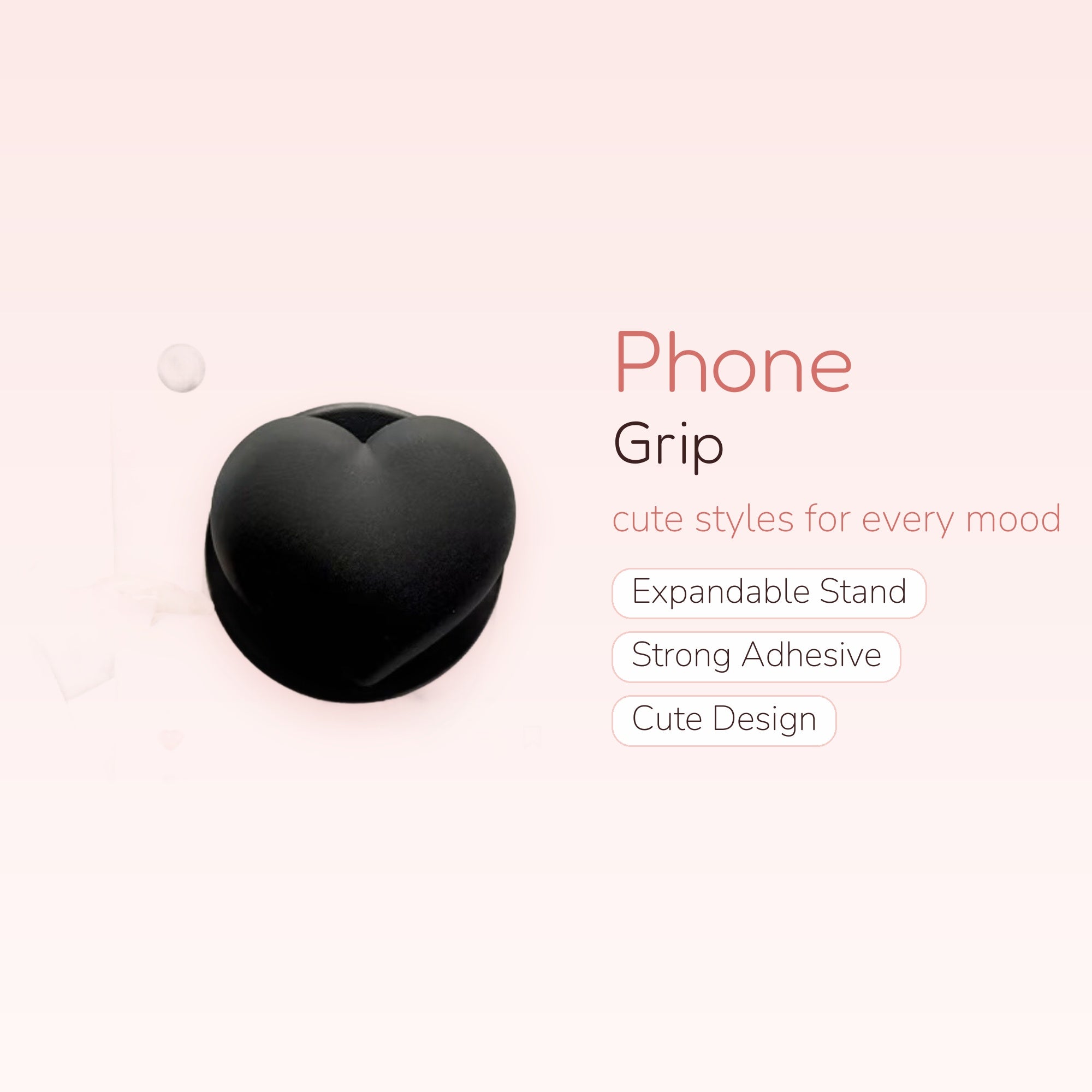 Matte Black Heart Phone Grip | Aesthetic Pop Socket Stand